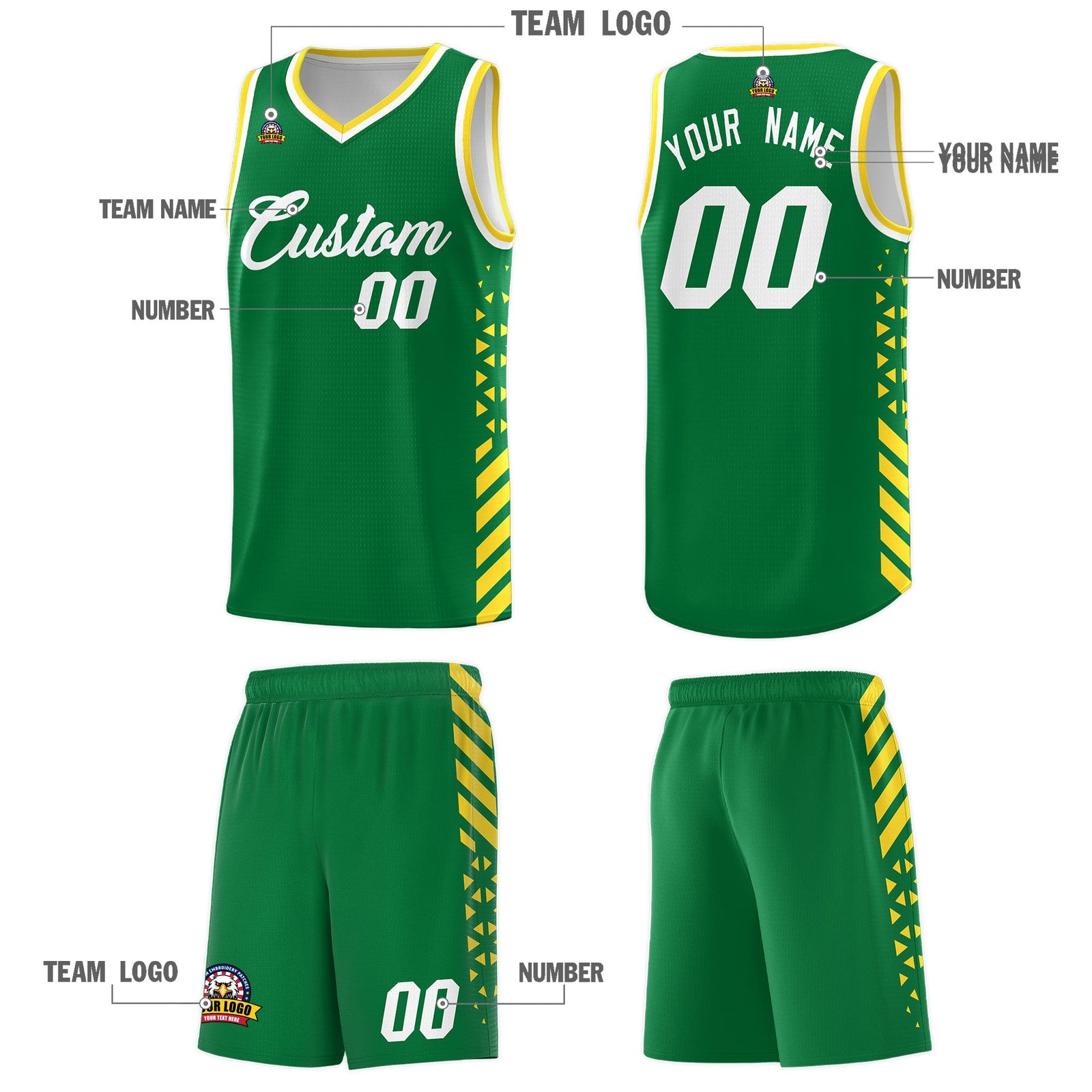 Custom Kelly Green Gold White Side Diamond Shapes Stripes Basketball Jersey | For Men,Sublimation Printed,Perfect for Teams,Perfect for Coaches | KXKSHOP