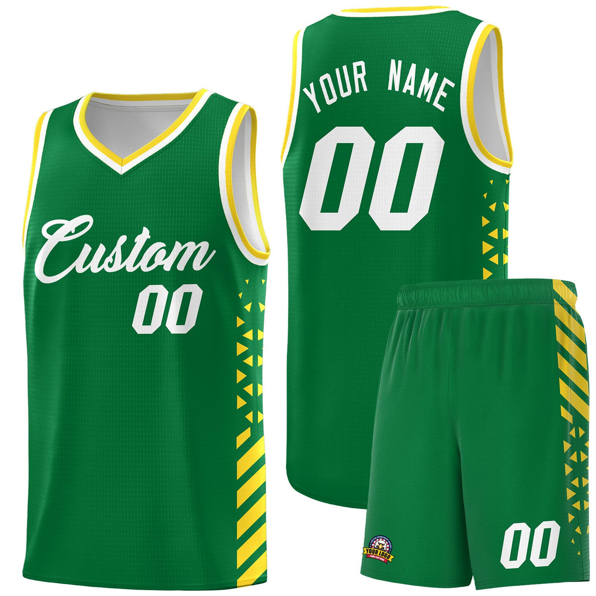 Custom Kelly Green Gold White Side Diamond Shapes Stripes Basketball Jersey | For Men,Sublimation Printed,Perfect for Teams,Perfect for Coaches | KXKSHOP