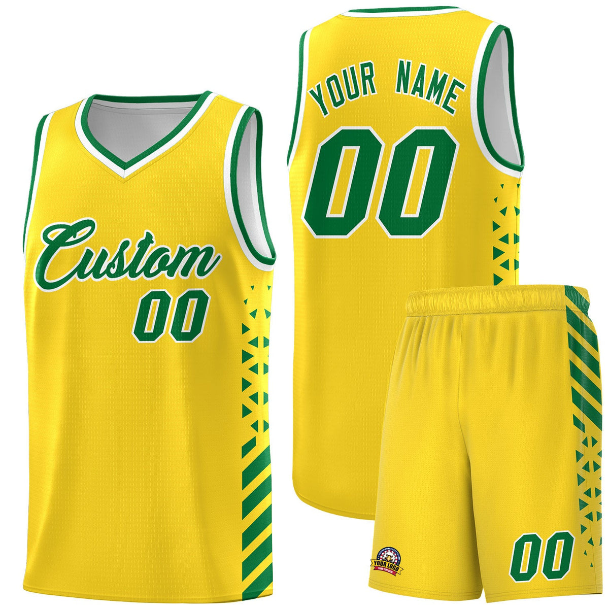 Custom Gold Kelly Green White Side Diamond Shapes Stripes Basketball Jersey | For Men,Sublimation Printed,Perfect for Teams,Perfect for Coaches | KXKSHOP