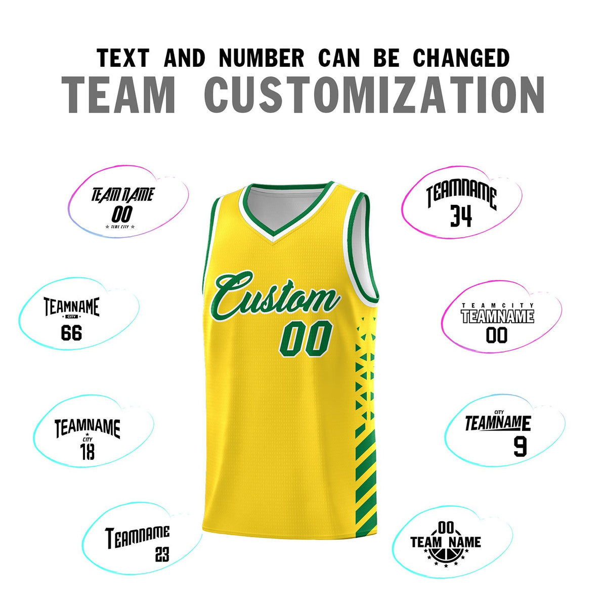 Custom Gold Kelly Green White Side Diamond Shapes Stripes Basketball Jersey | For Men,Sublimation Printed,Perfect for Teams,Perfect for Coaches | KXKSHOP