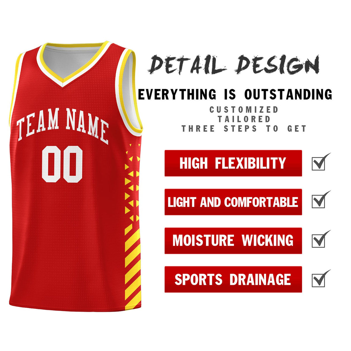 Custom Red Gold White Side Diamond Shapes Stripes Basketball Jersey | For Men,Sublimation Printed,Perfect for Teams,Perfect for Coaches | KXKSHOP