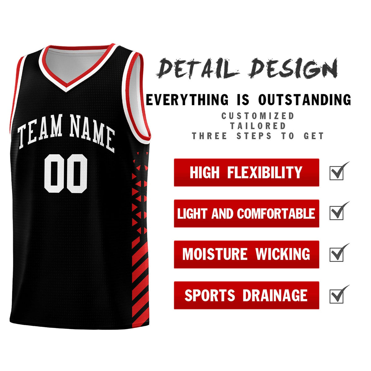 Custom Black Red White Side Diamond Shapes Stripes Basketball Jersey | For Men,Sublimation Printed,Perfect for Teams,Perfect for Coaches | KXKSHOP