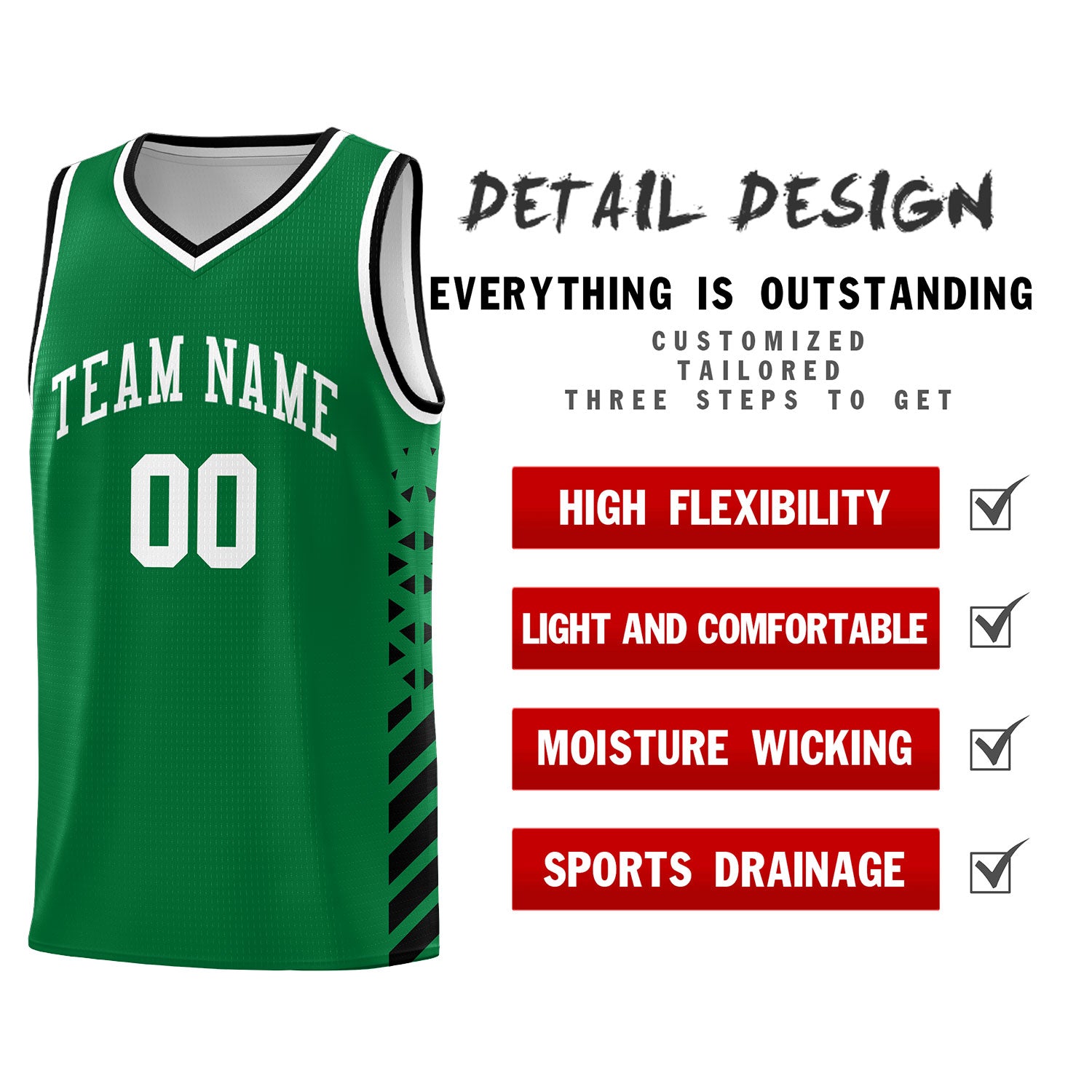 Custom Kelly Green Black White Side Diamond Shapes Stripes Basketball Jersey | For Men,Sublimation Printed,Perfect for Teams,Perfect for Coaches | KXKSHOP