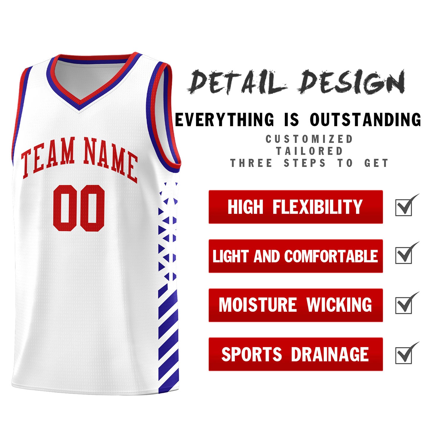 Custom White Royal Blue Red Side Diamond Shapes Stripes Basketball Jersey | For Men,Sublimation Printed,Perfect for Teams,Perfect for Coaches | KXKSHOP