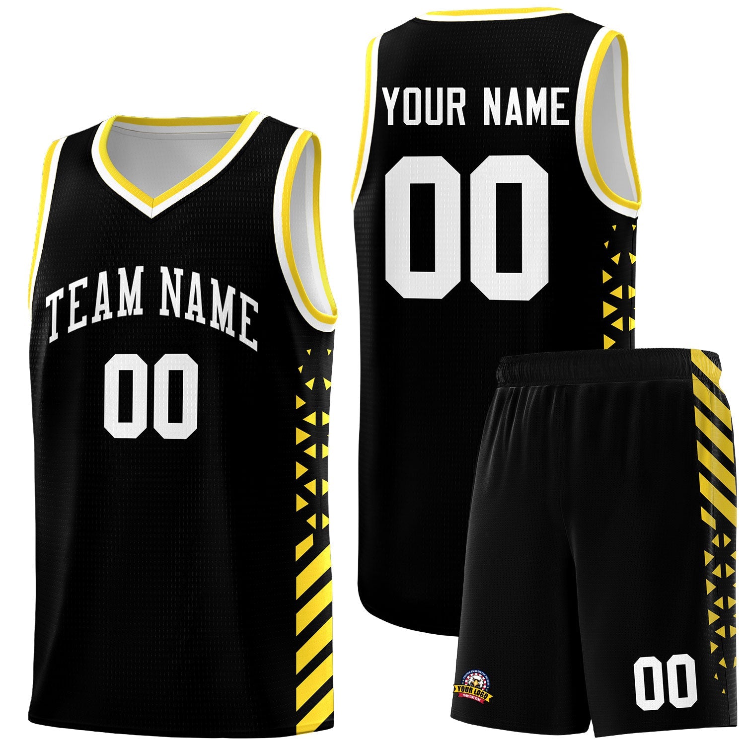 Custom Black Gold White Side Diamond Shapes Stripes Basketball Jersey | For Men,Sublimation Printed,Perfect for Teams,Perfect for Coaches | KXKSHOP