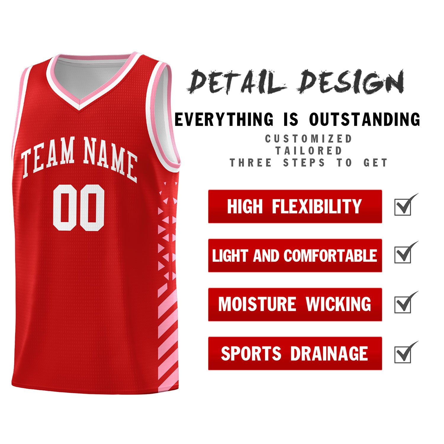 Custom Red Light Pink White Side Diamond Shapes Stripes Basketball Jersey | For Men,Sublimation Printed,Perfect for Teams,Perfect for Coaches | KXKSHOP