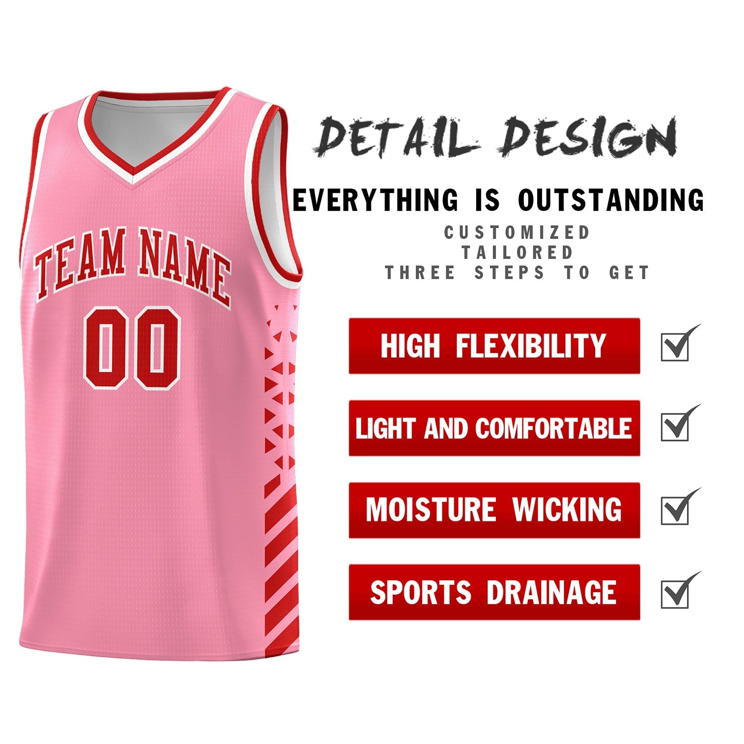 Custom Light Pink Red White Side Diamond Shapes Stripes Basketball Jersey | For Men,Sublimation Printed,Perfect for Teams,Perfect for Coaches | KXKSHOP