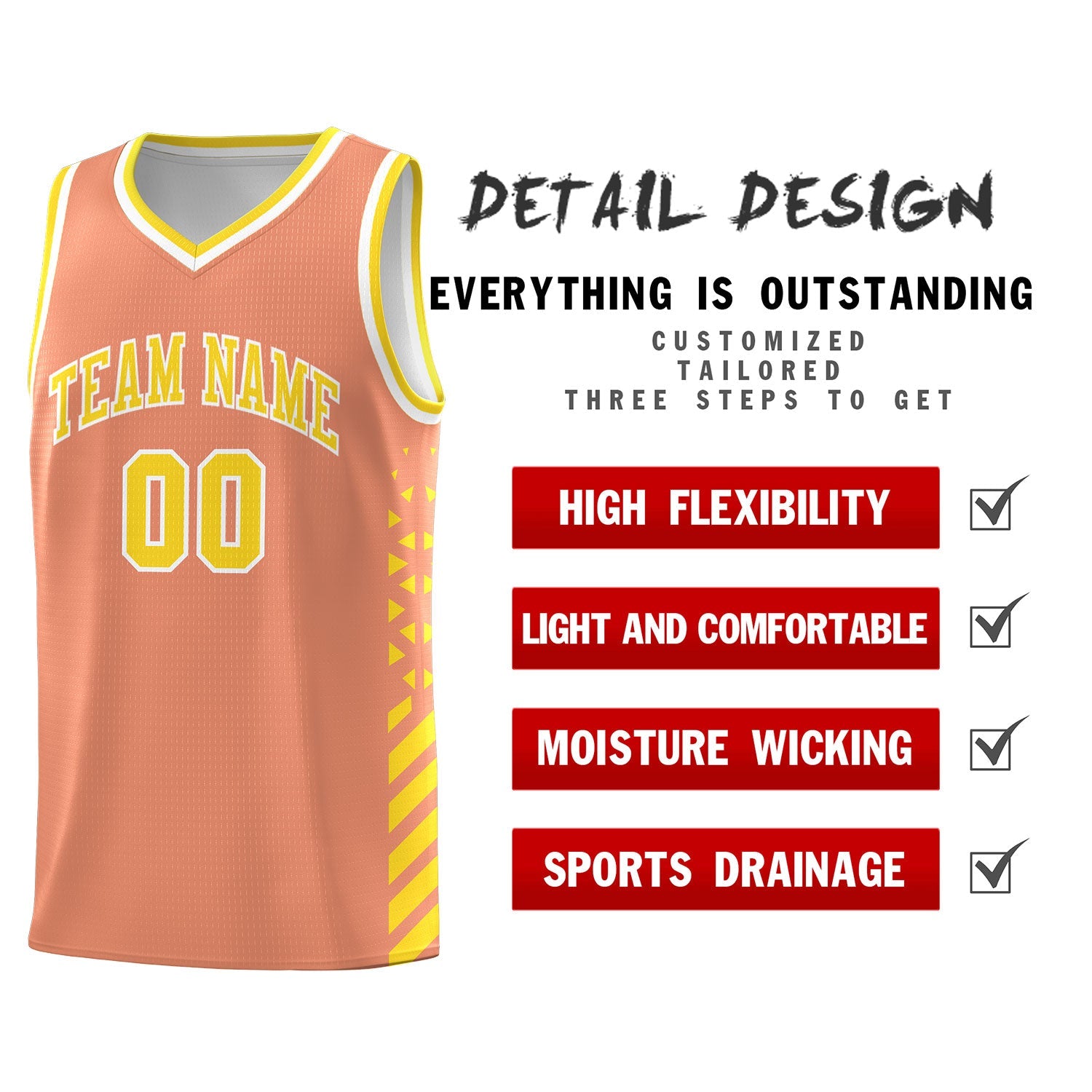 Custom Light Orange Gold White Side Diamond Shapes Stripes Basketball Jersey | For Men,Sublimation Printed,Perfect for Teams,Perfect for Coaches | KXKSHOP