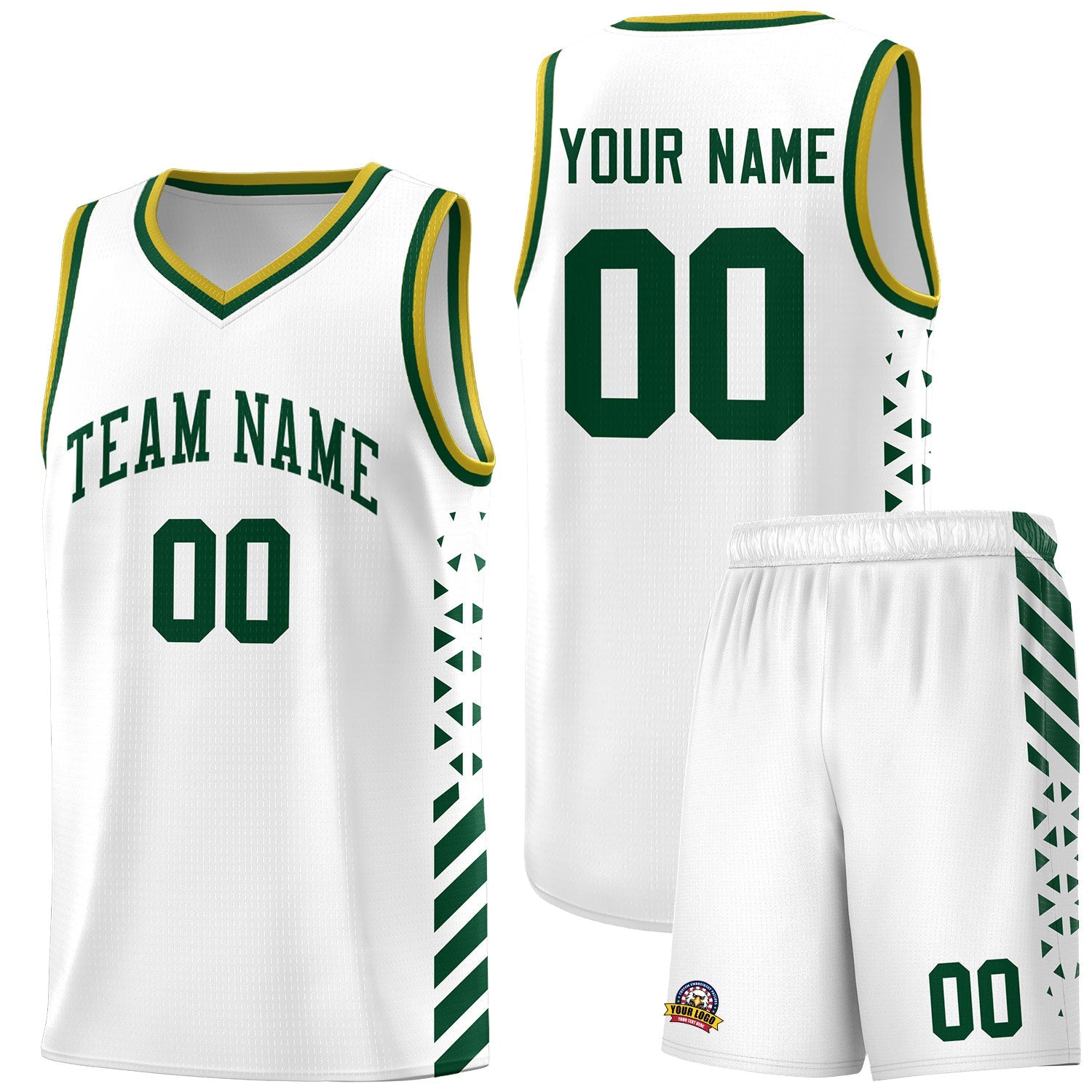 Custom White Hunter Green Old Gold Side Diamond Shapes Stripes Basketball Jersey | For Men,Sublimation Printed,Perfect for Teams,Perfect for Coaches | KXKSHOP