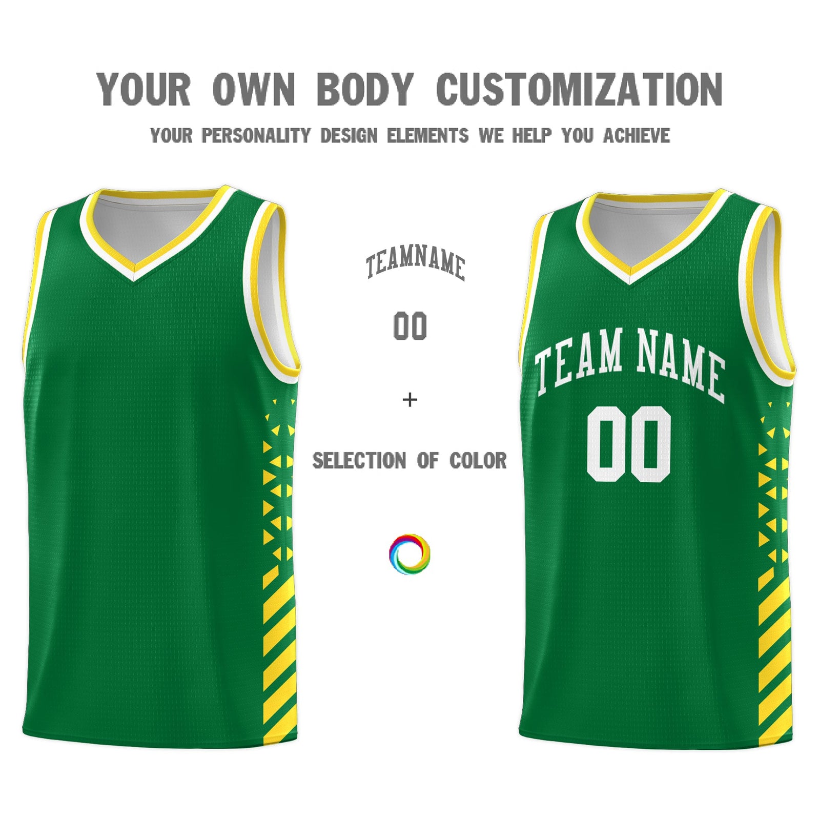 Custom Kelly Green Gold White Side Diamond Shapes Stripes Basketball Jersey | For Men,Sublimation Printed,Perfect for Teams,Perfect for Coaches | KXKSHOP