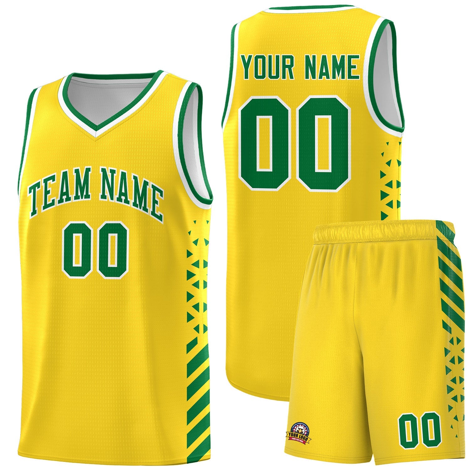 Custom Gold Kelly Green White Side Diamond Shapes Stripes Basketball Jersey | For Men,Sublimation Printed,Perfect for Teams,Perfect for Coaches | KXKSHOP