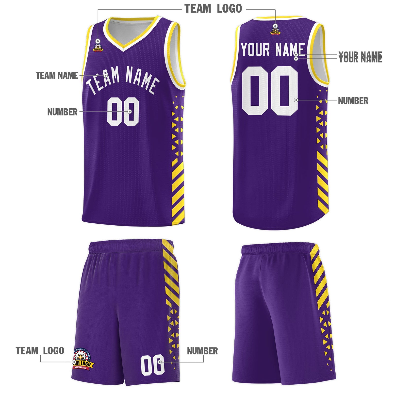 Custom Purple Gold White Side Diamond Shapes Stripes Basketball Jersey | For Men,Sublimation Printed,Perfect for Teams,Perfect for Coaches | KXKSHOP