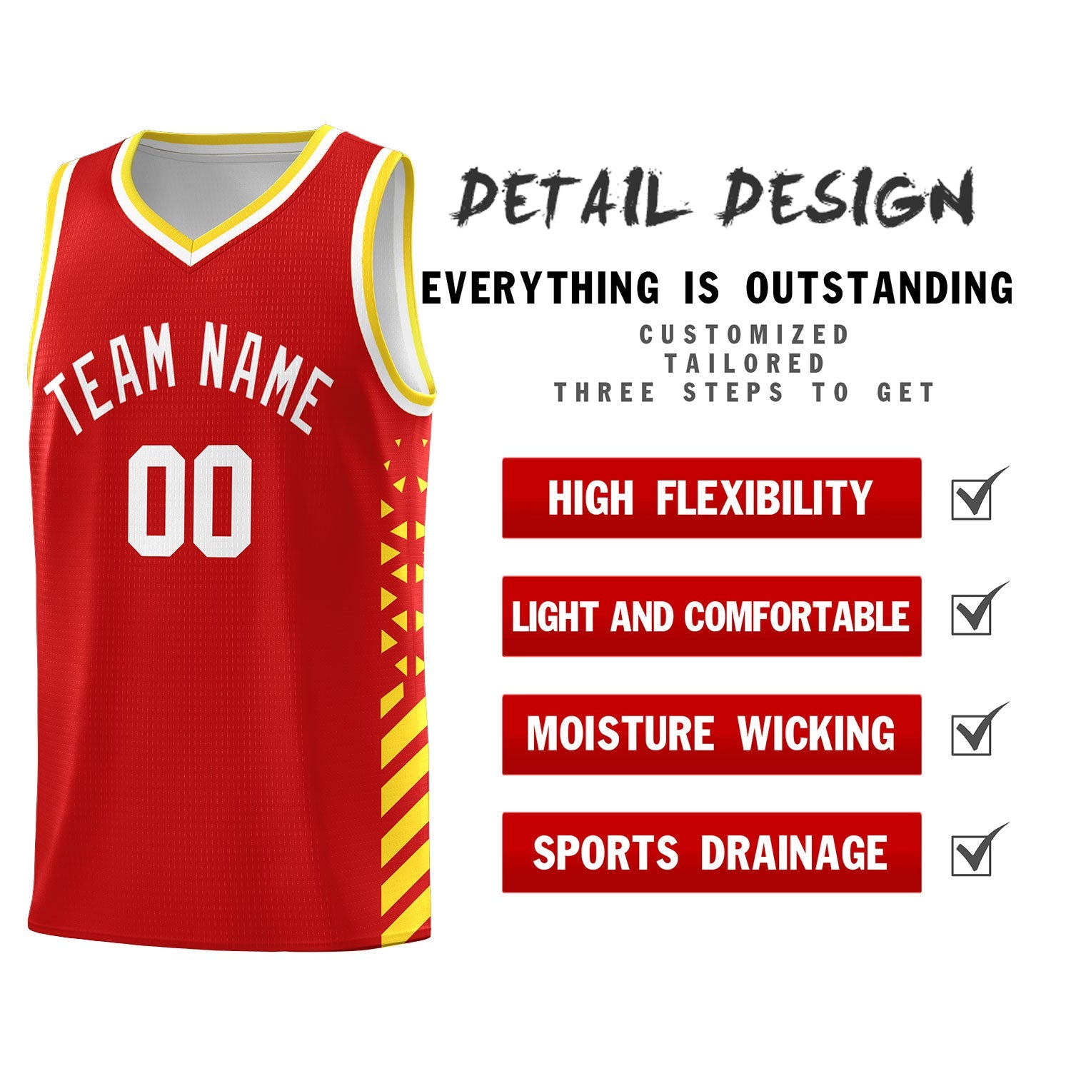 Custom Red Gold White Side Diamond Shapes Stripes Basketball Jersey | For Men,Sublimation Printed,Perfect for Teams,Perfect for Coaches | KXKSHOP