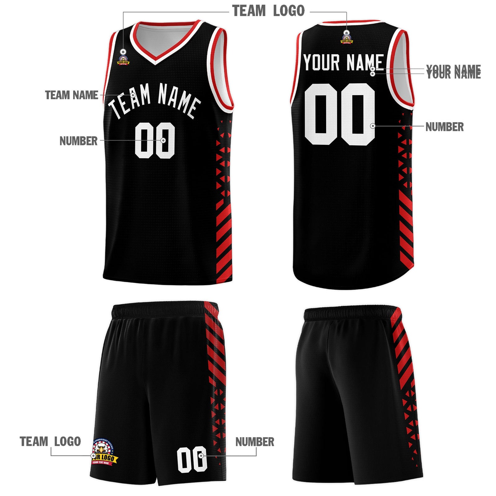 Custom Black Red White Side Diamond Shapes Stripes Basketball Jersey | For Men,Sublimation Printed,Perfect for Teams,Perfect for Coaches | KXKSHOP