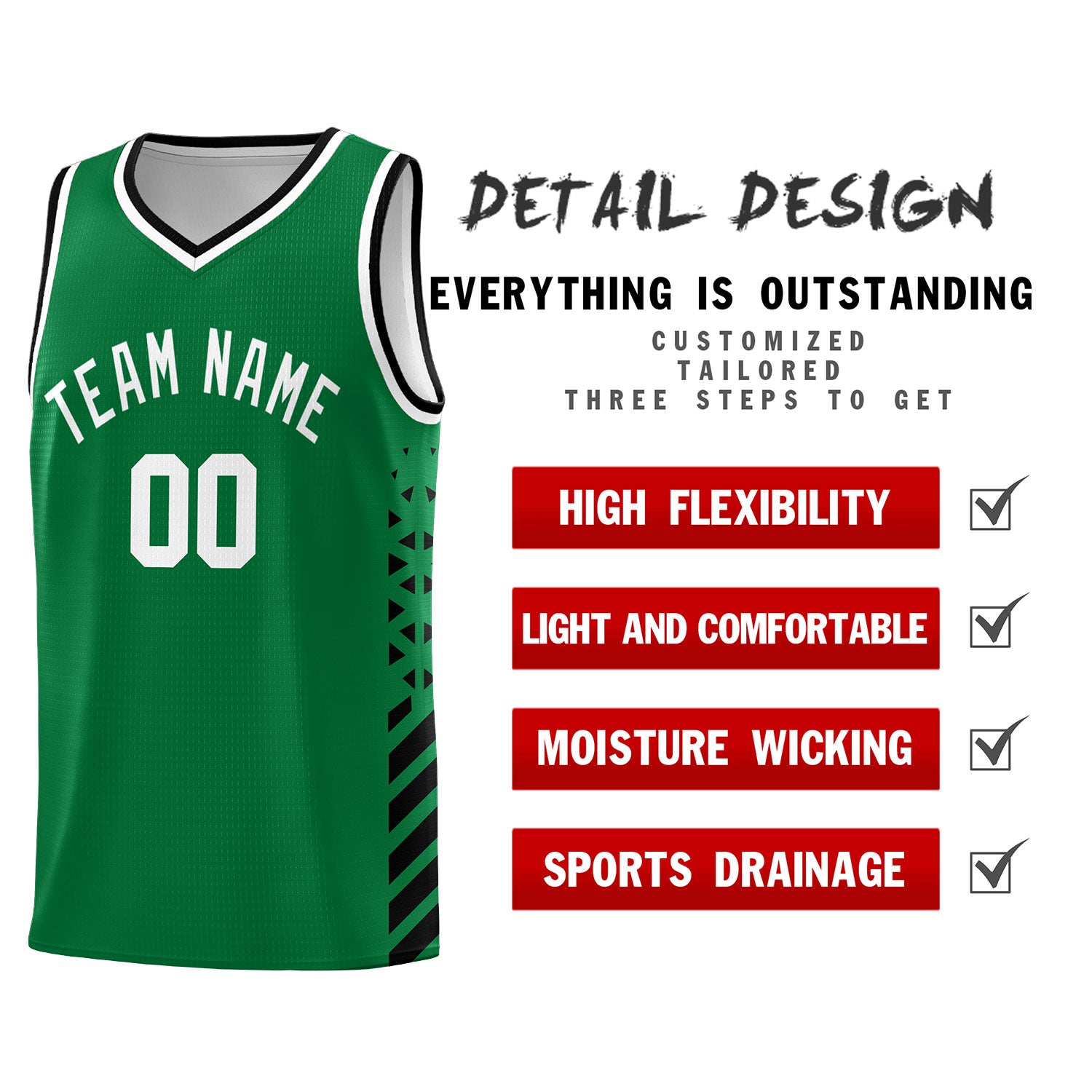 Custom Kelly Green Black White Side Diamond Shapes Stripes Basketball Jersey | For Men,Sublimation Printed,Perfect for Teams,Perfect for Coaches | KXKSHOP