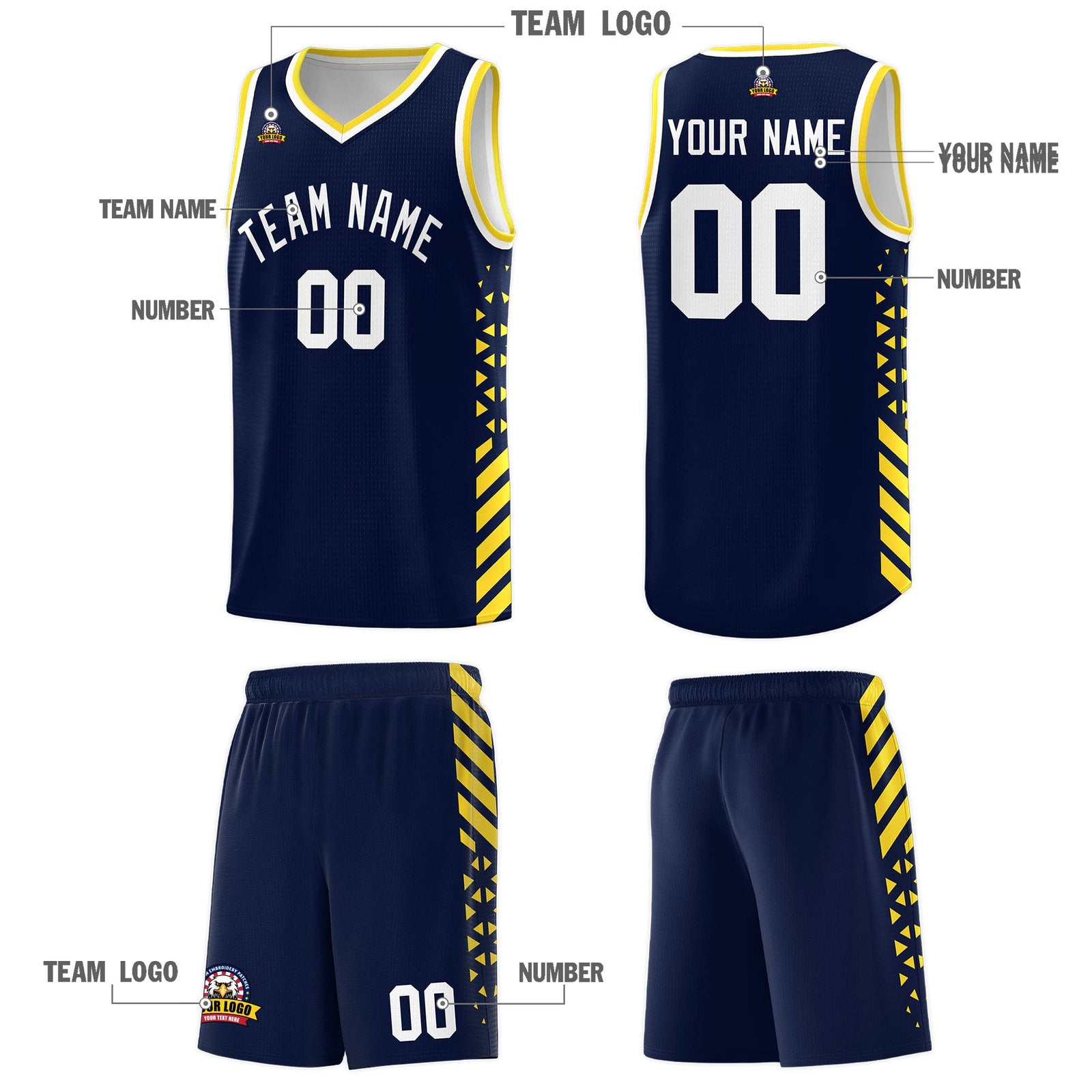 Custom Navy Gold White Side Diamond Shapes Stripes Basketball Jersey | For Men,Sublimation Printed,Perfect for Teams,Perfect for Coaches | KXKSHOP