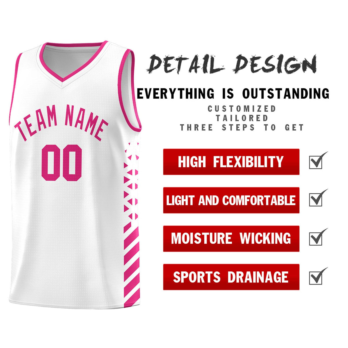 Custom White Rose Red Side Diamond Shapes Stripes Basketball Jersey | For Men,Sublimation Printed,Perfect for Teams,Perfect for Coaches | KXKSHOP