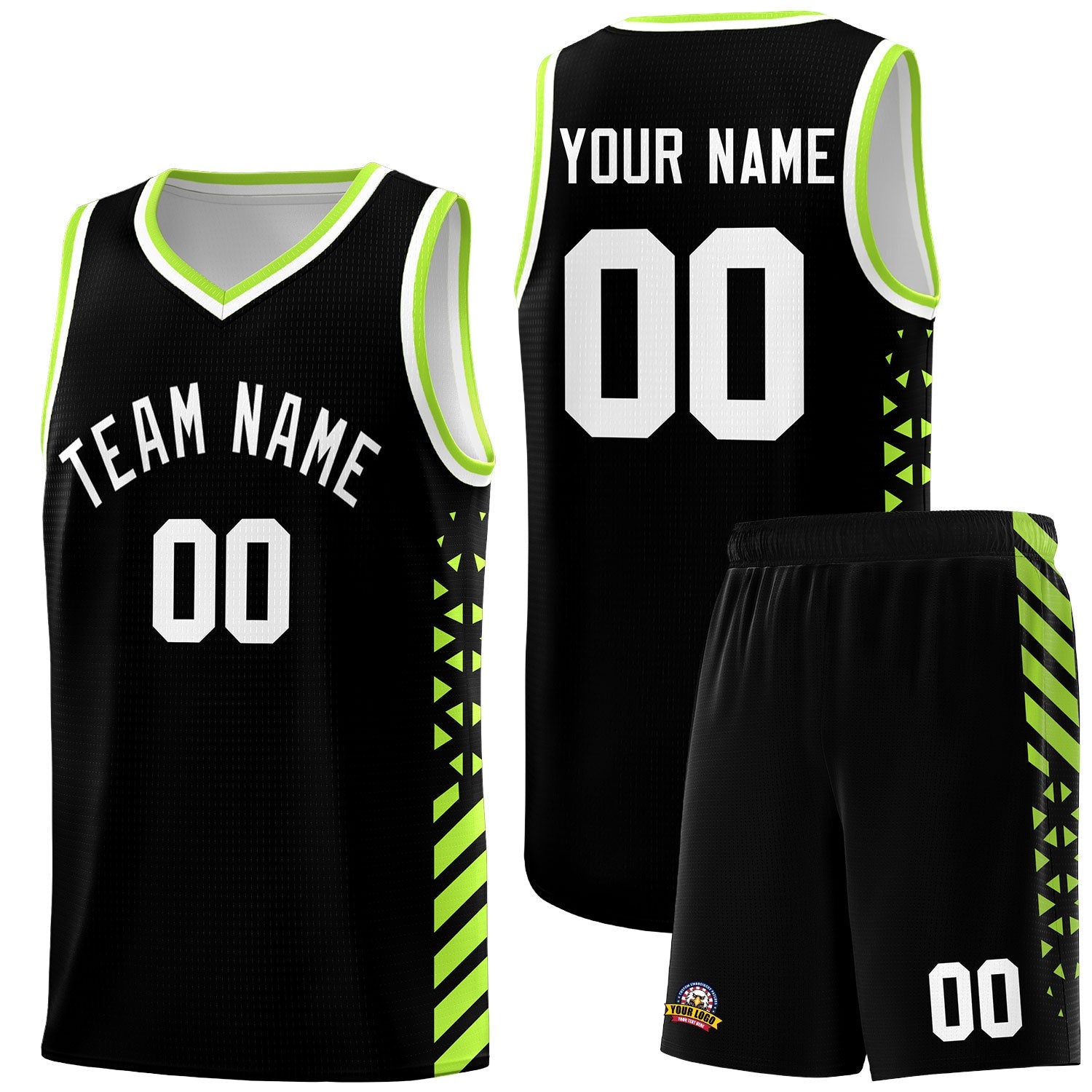 Custom Black Neon Green White Side Diamond Shapes Stripes Basketball Jersey | For Men,Sublimation Printed,Perfect for Teams,Perfect for Coaches | KXKSHOP