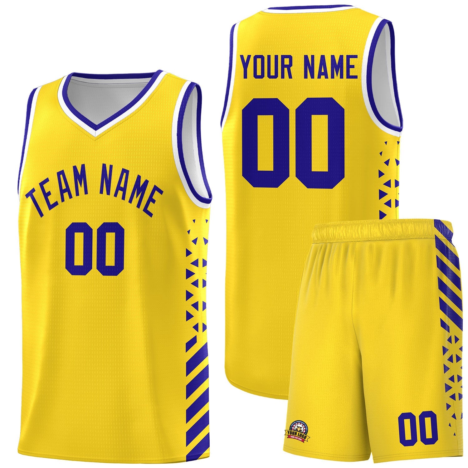 Custom Gold Royal Blue White Side Diamond Shapes Stripes Basketball Jersey | For Men,Sublimation Printed,Perfect for Teams,Perfect for Coaches | KXKSHOP