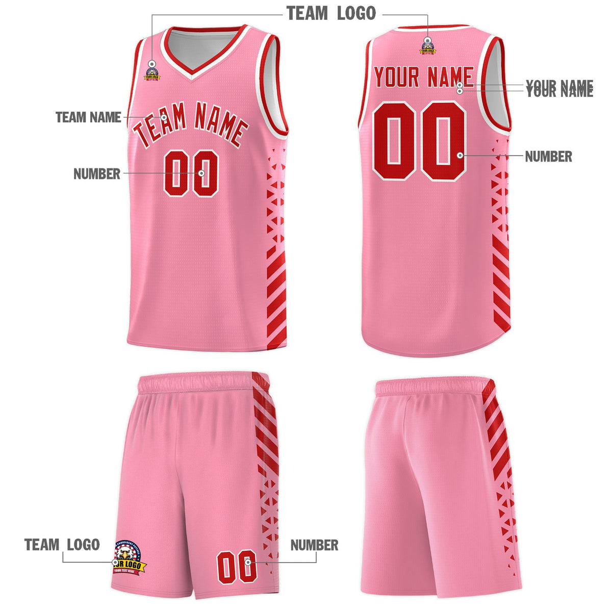 Custom Light Pink Red White Side Diamond Shapes Stripes Basketball Jersey | For Men,Sublimation Printed,Perfect for Teams,Perfect for Coaches | KXKSHOP