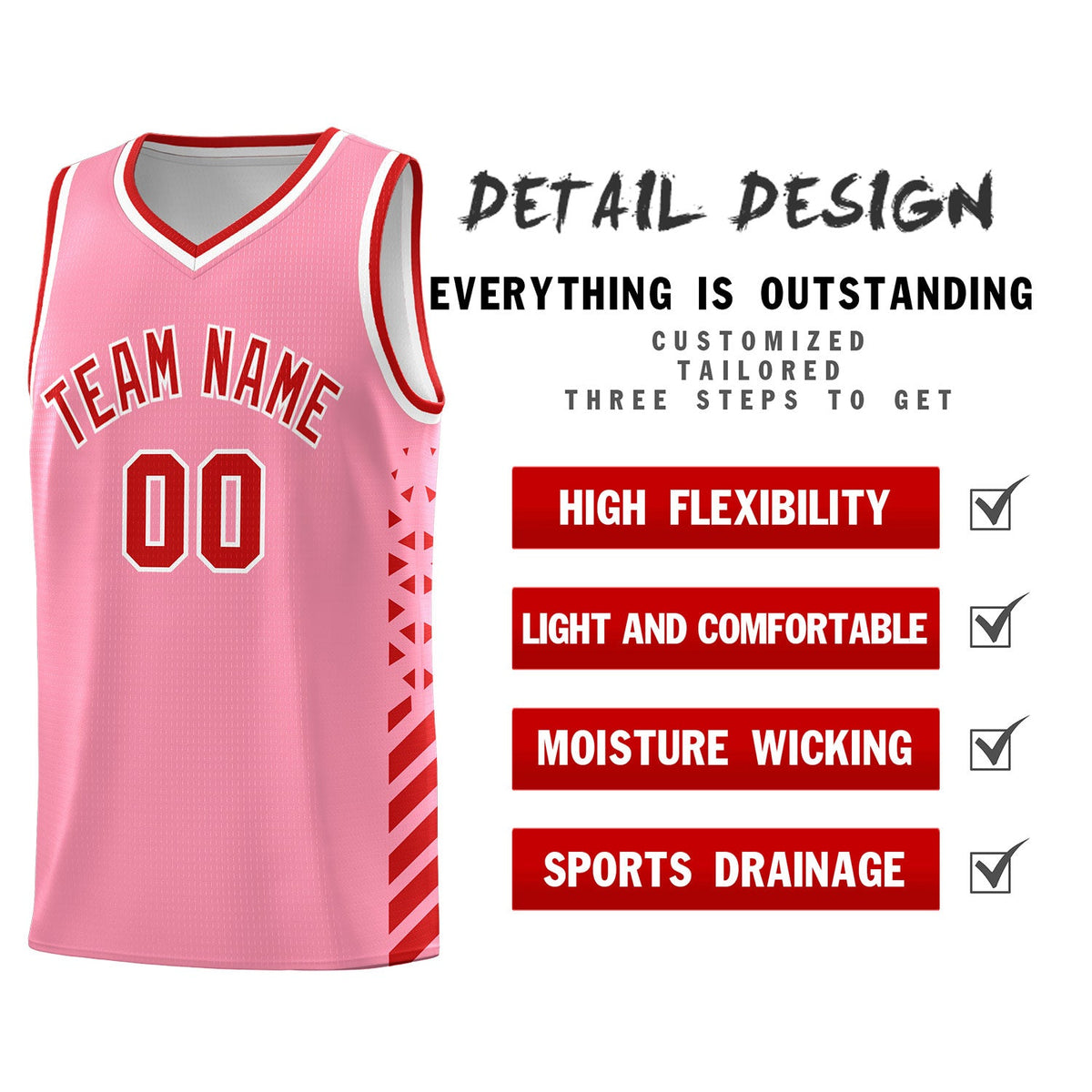 Custom Light Pink Red White Side Diamond Shapes Stripes Basketball Jersey | For Men,Sublimation Printed,Perfect for Teams,Perfect for Coaches | KXKSHOP