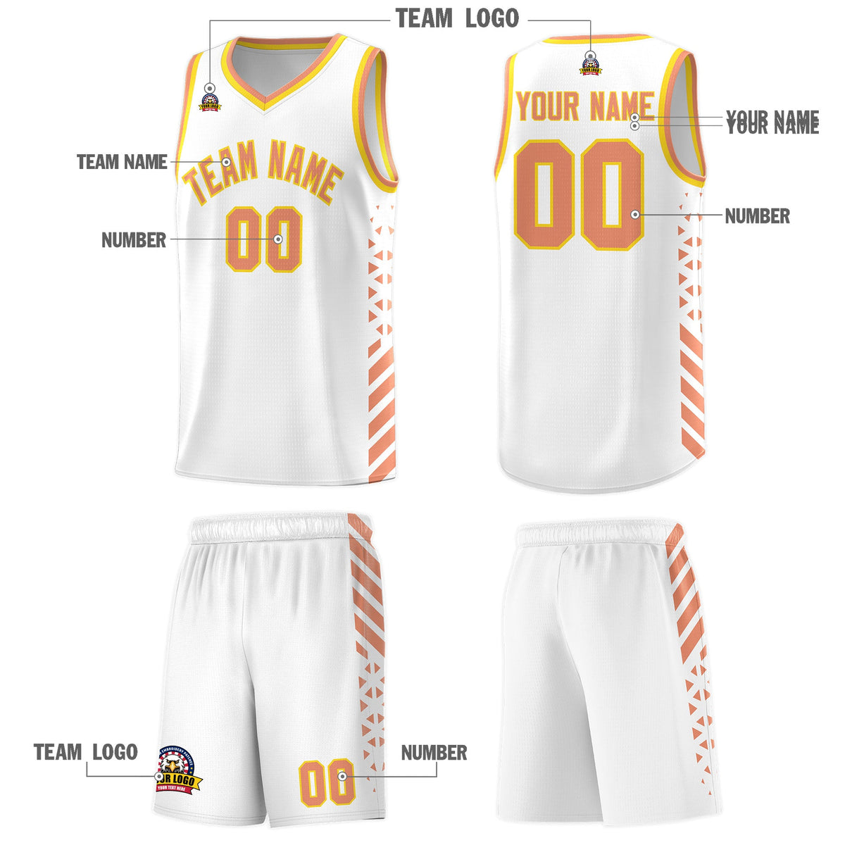 Custom White Light Orange Gold Side Diamond Shapes Stripes Basketball Jersey | For Men,Sublimation Printed,Perfect for Teams,Perfect for Coaches | KXKSHOP