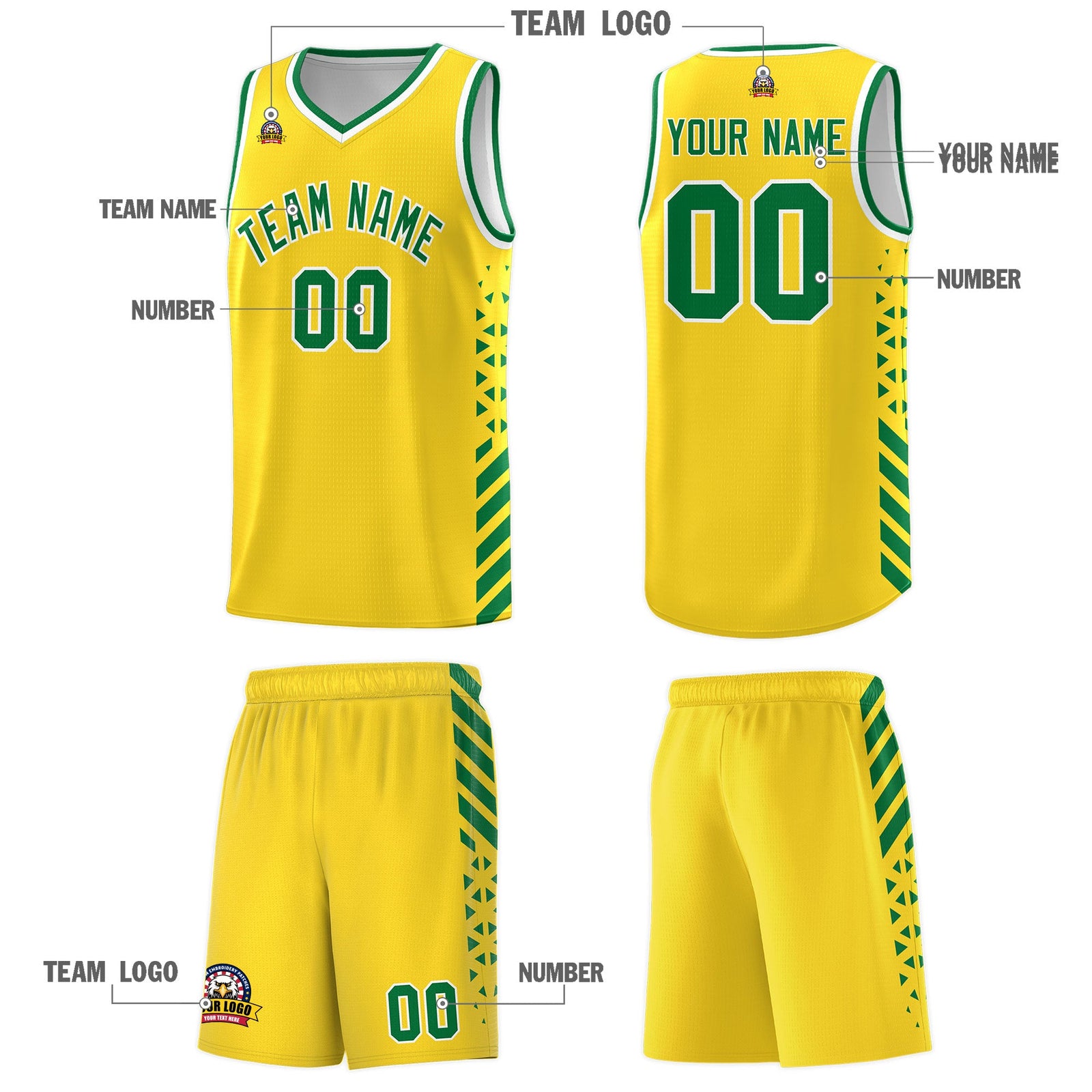Custom Gold Kelly Green White Side Diamond Shapes Stripes Basketball Jersey | For Men,Sublimation Printed,Perfect for Teams,Perfect for Coaches | KXKSHOP
