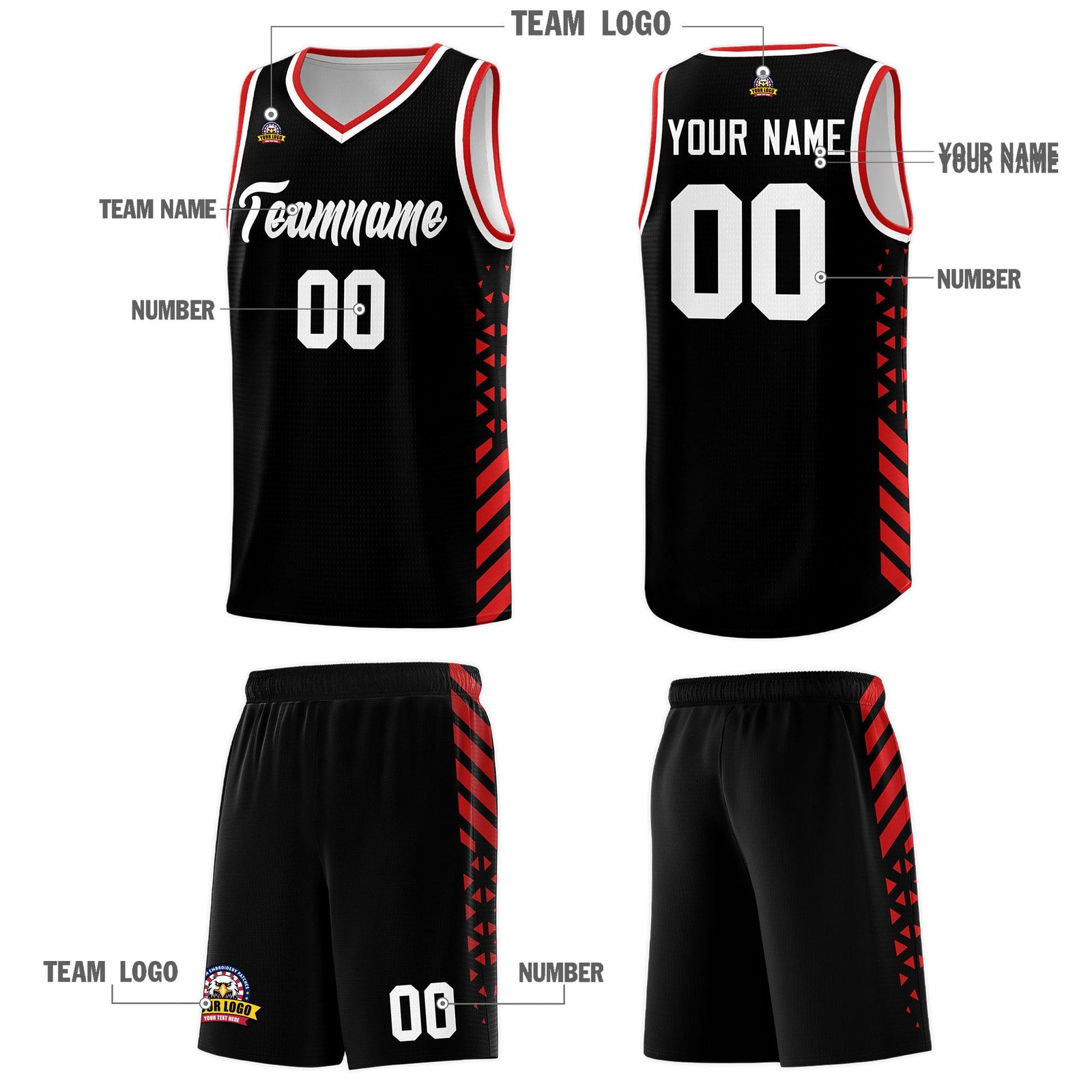 Custom Black Red White Side Diamond Shapes Stripes Basketball Jersey | For Men,Sublimation Printed,Perfect for Teams,Perfect for Coaches | KXKSHOP
