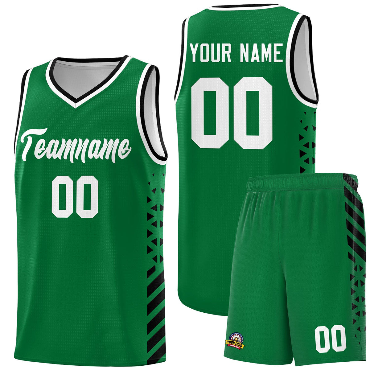 Custom Kelly Green Black White Side Diamond Shapes Stripes Basketball Jersey | For Men,Sublimation Printed,Perfect for Teams,Perfect for Coaches | KXKSHOP