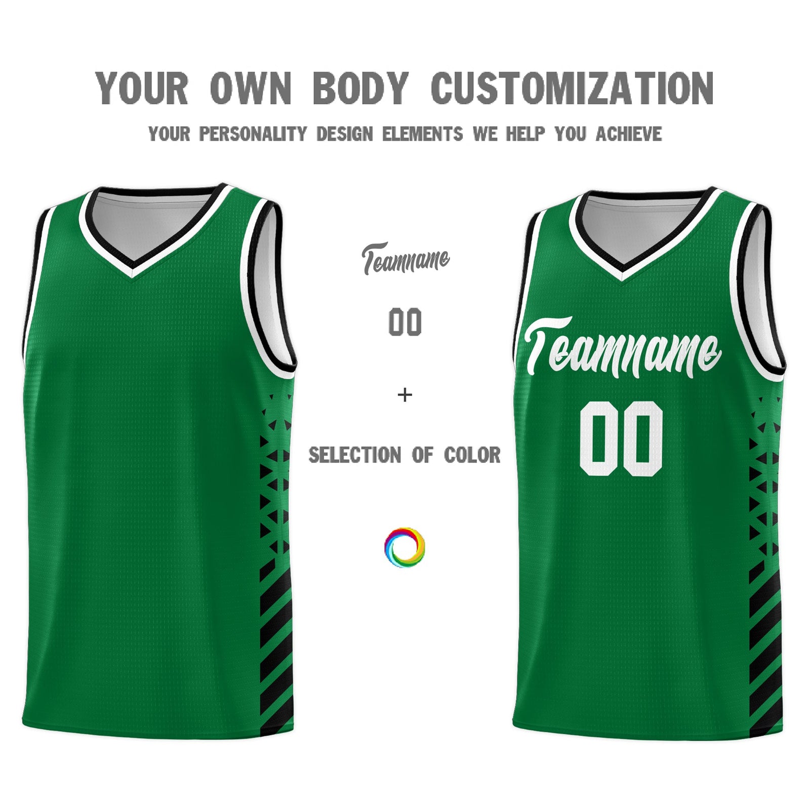 Custom Kelly Green Black White Side Diamond Shapes Stripes Basketball Jersey | For Men,Sublimation Printed,Perfect for Teams,Perfect for Coaches | KXKSHOP