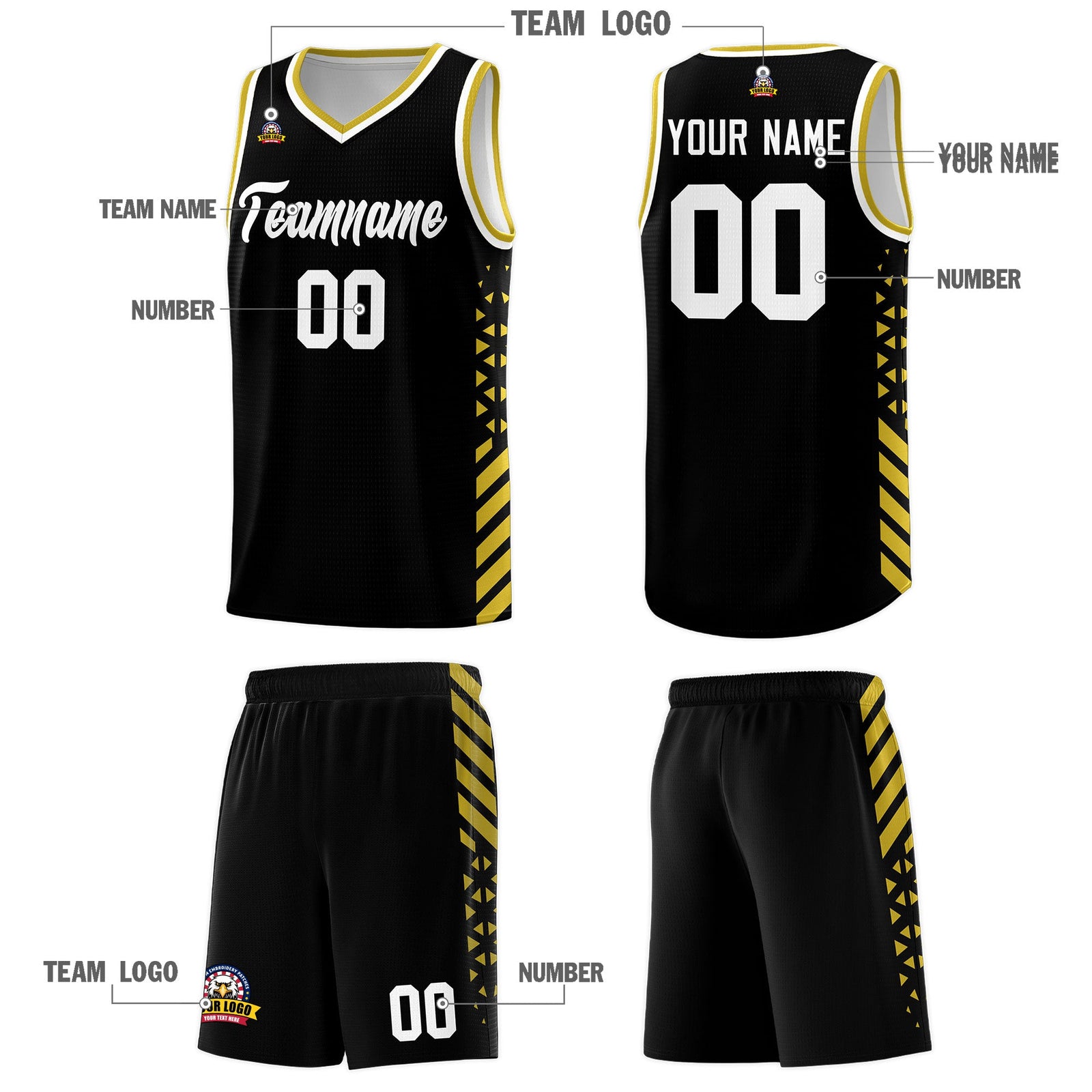 Custom Black Old Gold White Side Diamond Shapes Stripes Basketball Jersey | For Men,Sublimation Printed,Perfect for Teams,Perfect for Coaches | KXKSHOP