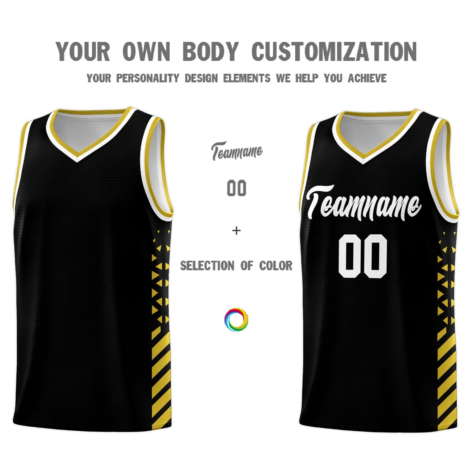 Custom Black Old Gold White Side Diamond Shapes Stripes Basketball Jersey | For Men,Sublimation Printed,Perfect for Teams,Perfect for Coaches | KXKSHOP