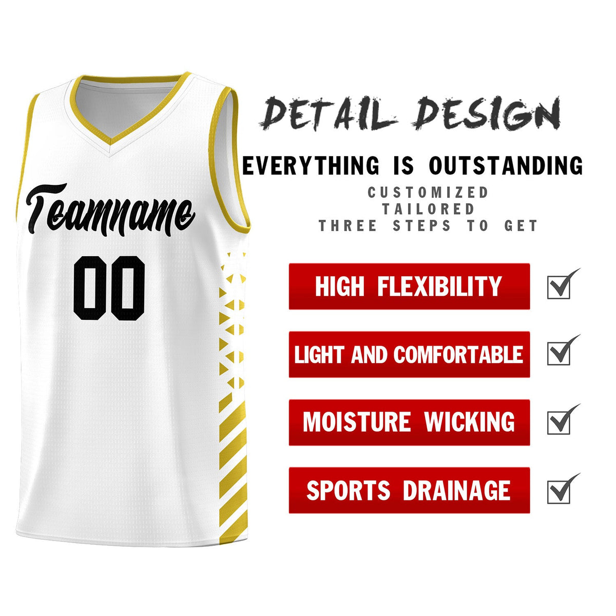 Custom White Old Gold Side Diamond Shapes Stripes Basketball Jersey | For Men,Sublimation Printed,Perfect for Teams,Perfect for Coaches | KXKSHOP