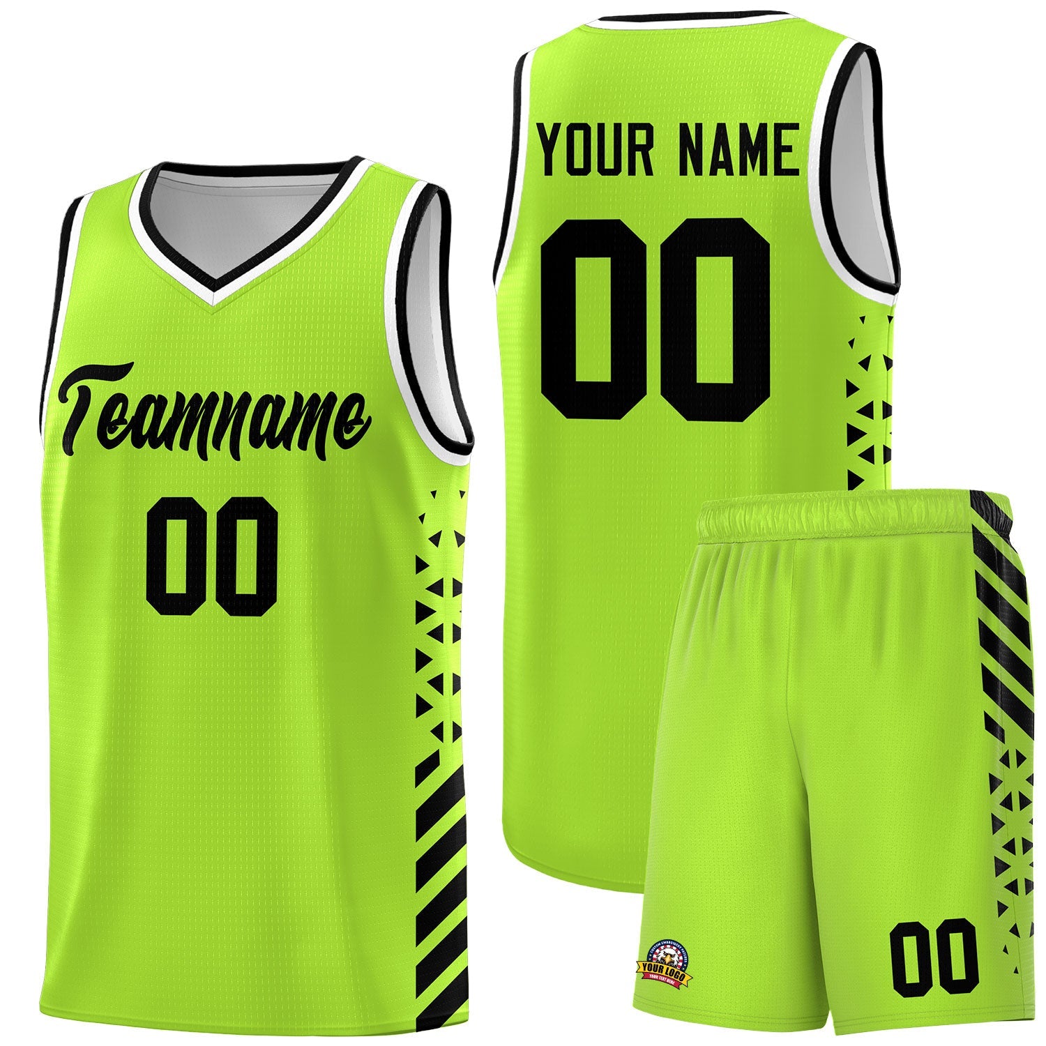 Custom Neon Green Black White Side Diamond Shapes Stripes Basketball Jersey | For Men,Sublimation Printed,Perfect for Teams,Perfect for Coaches | KXKSHOP