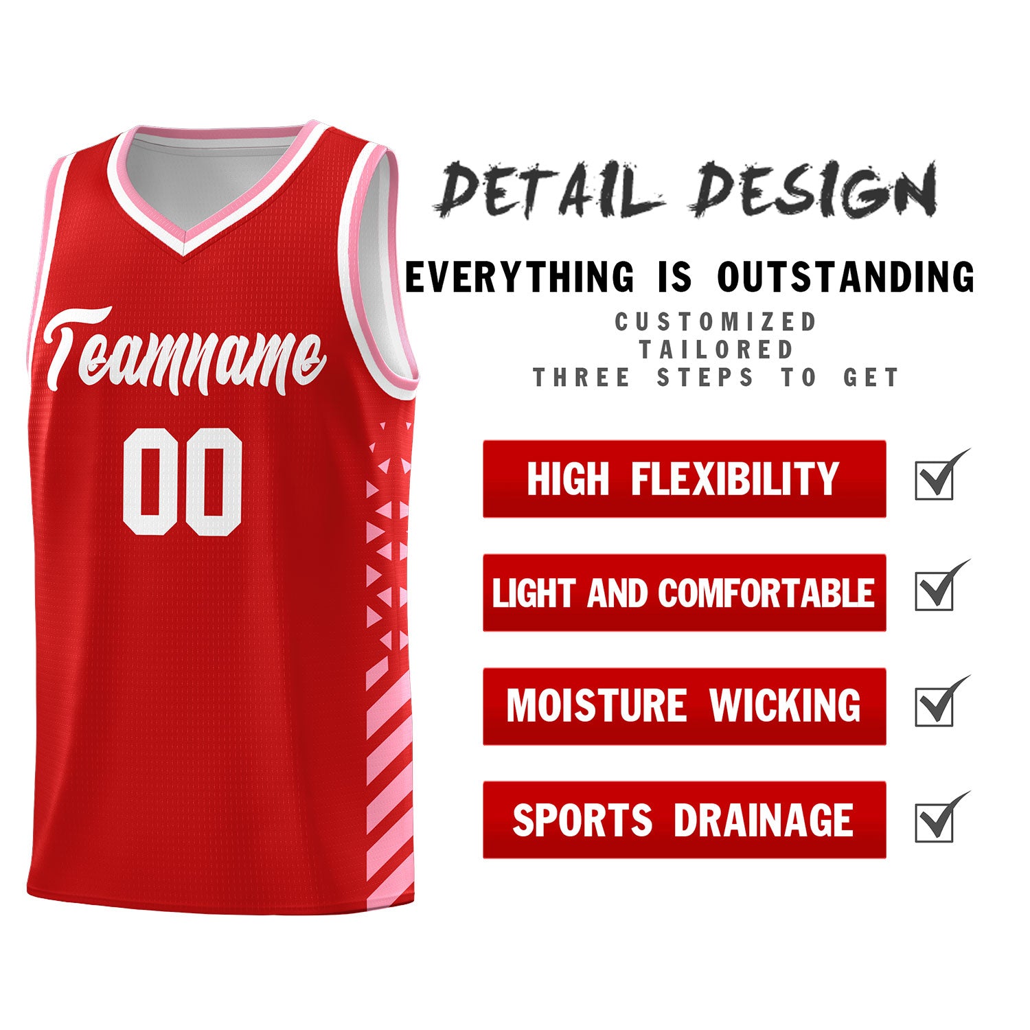Custom Red Light Pink White Side Diamond Shapes Stripes Basketball Jersey | For Men,Sublimation Printed,Perfect for Teams,Perfect for Coaches | KXKSHOP