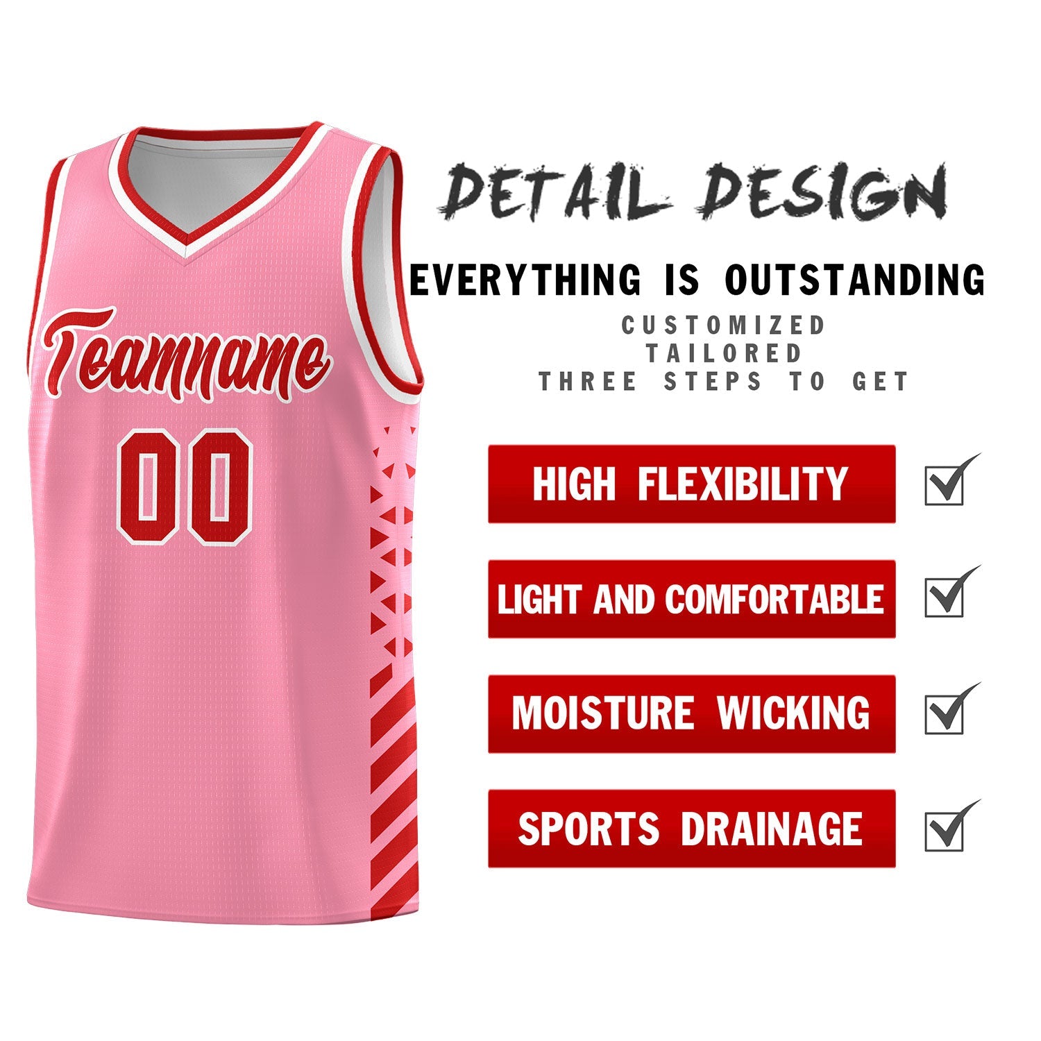 Custom Light Pink Red White Side Diamond Shapes Stripes Basketball Jersey | For Men,Sublimation Printed,Perfect for Teams,Perfect for Coaches | KXKSHOP