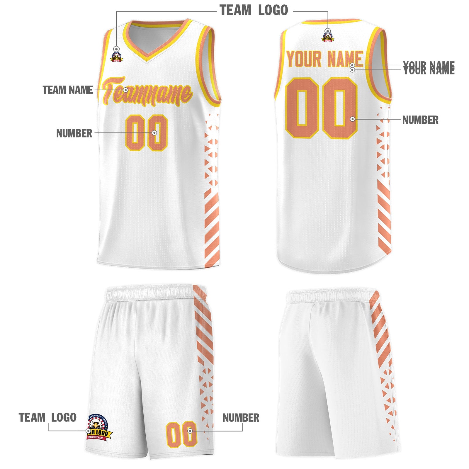 Custom White Light Orange Gold Side Diamond Shapes Stripes Basketball Jersey | For Men,Sublimation Printed,Perfect for Teams,Perfect for Coaches | KXKSHOP