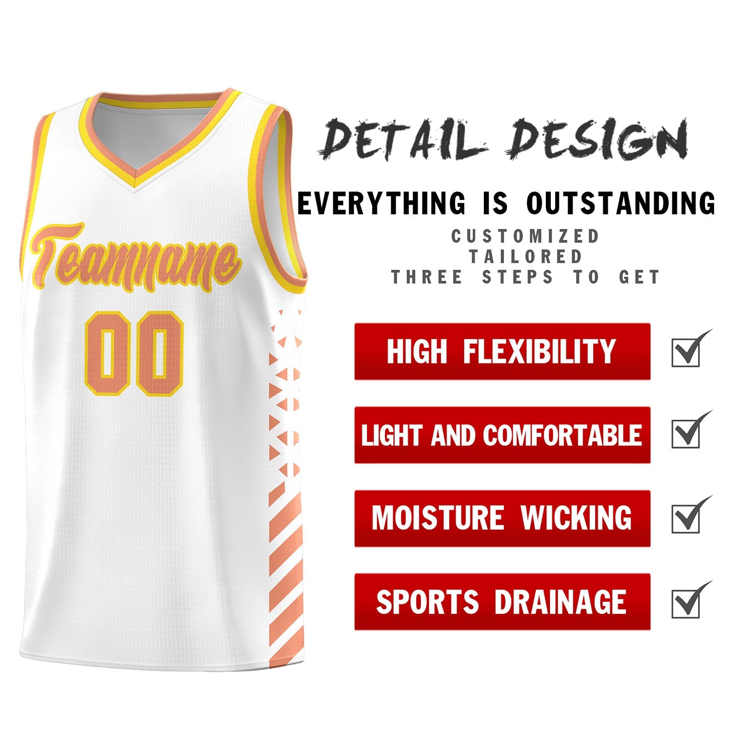 Custom White Light Orange Gold Side Diamond Shapes Stripes Basketball Jersey | For Men,Sublimation Printed,Perfect for Teams,Perfect for Coaches | KXKSHOP