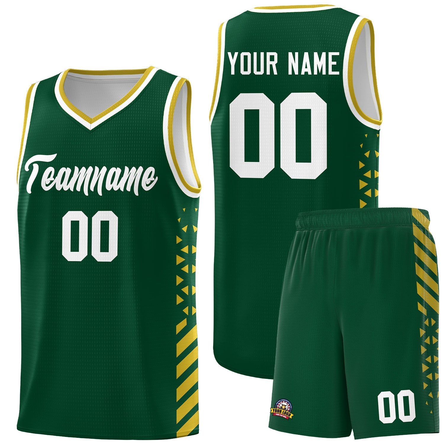 Custom Hunter Green Old Gold White Side Diamond Shapes Stripes Basketball Jersey | For Men,Sublimation Printed,Perfect for Teams,Perfect for Coaches | KXKSHOP