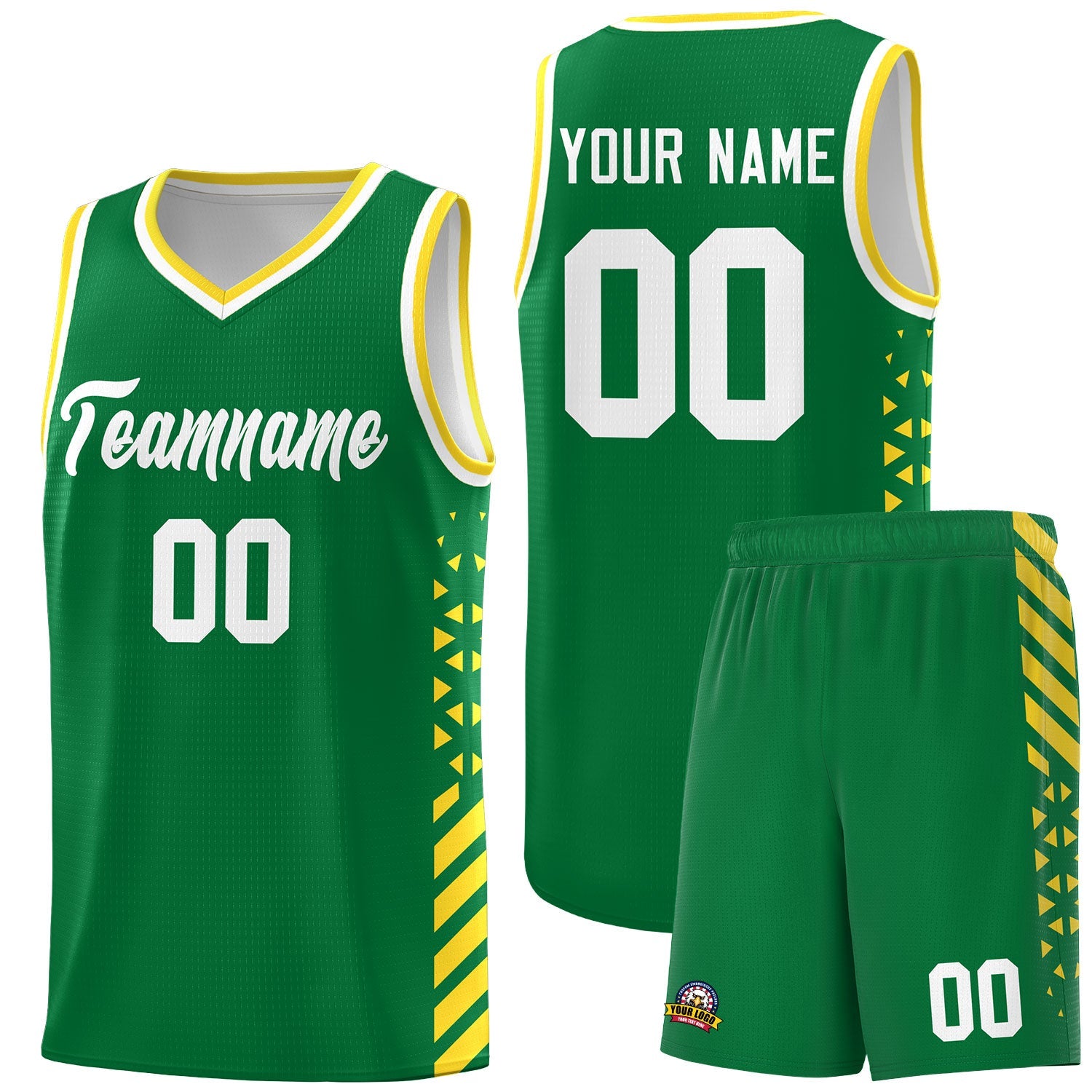 Custom Kelly Green Gold White Side Diamond Shapes Stripes Basketball Jersey | For Men,Sublimation Printed,Perfect for Teams,Perfect for Coaches | KXKSHOP