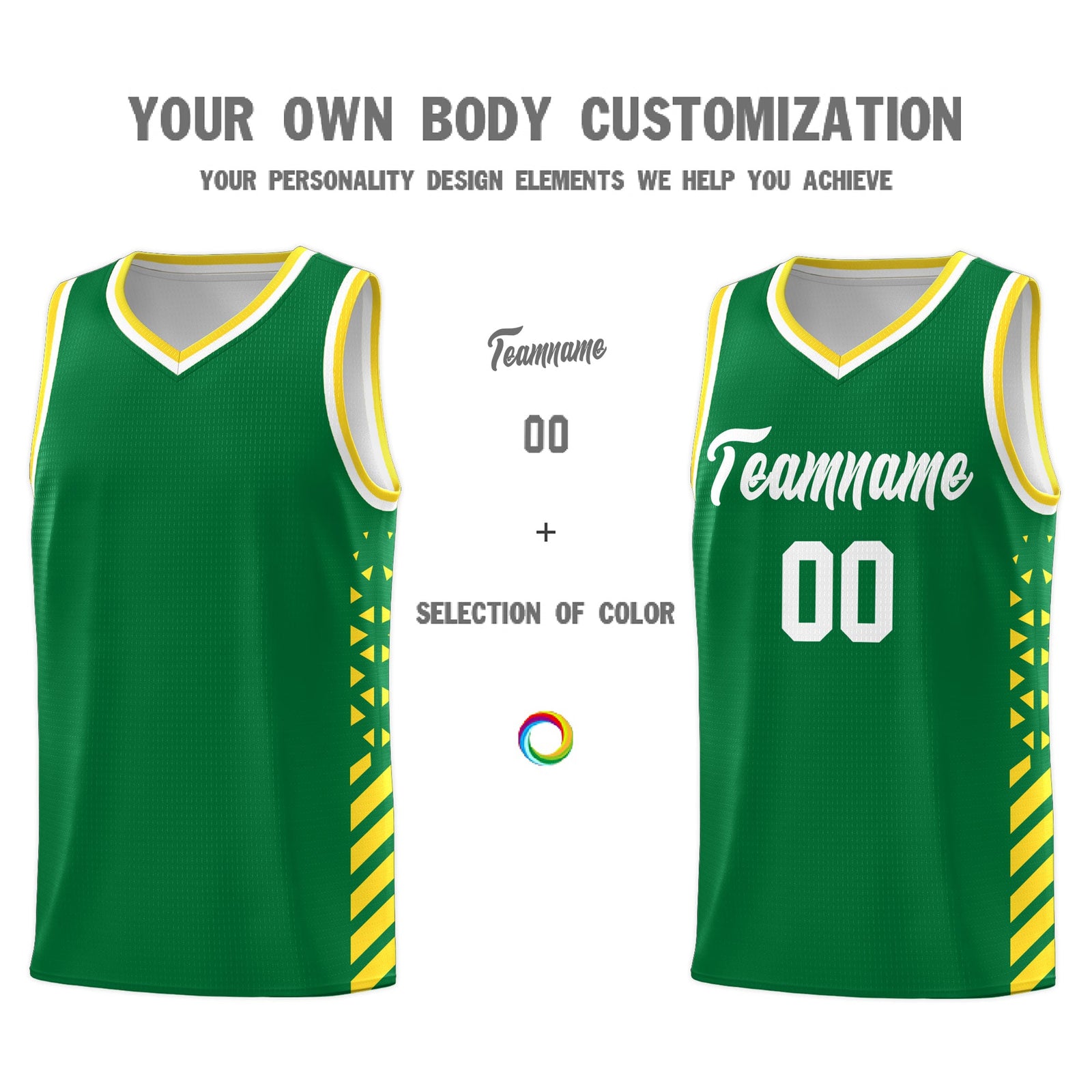 Custom Kelly Green Gold White Side Diamond Shapes Stripes Basketball Jersey | For Men,Sublimation Printed,Perfect for Teams,Perfect for Coaches | KXKSHOP