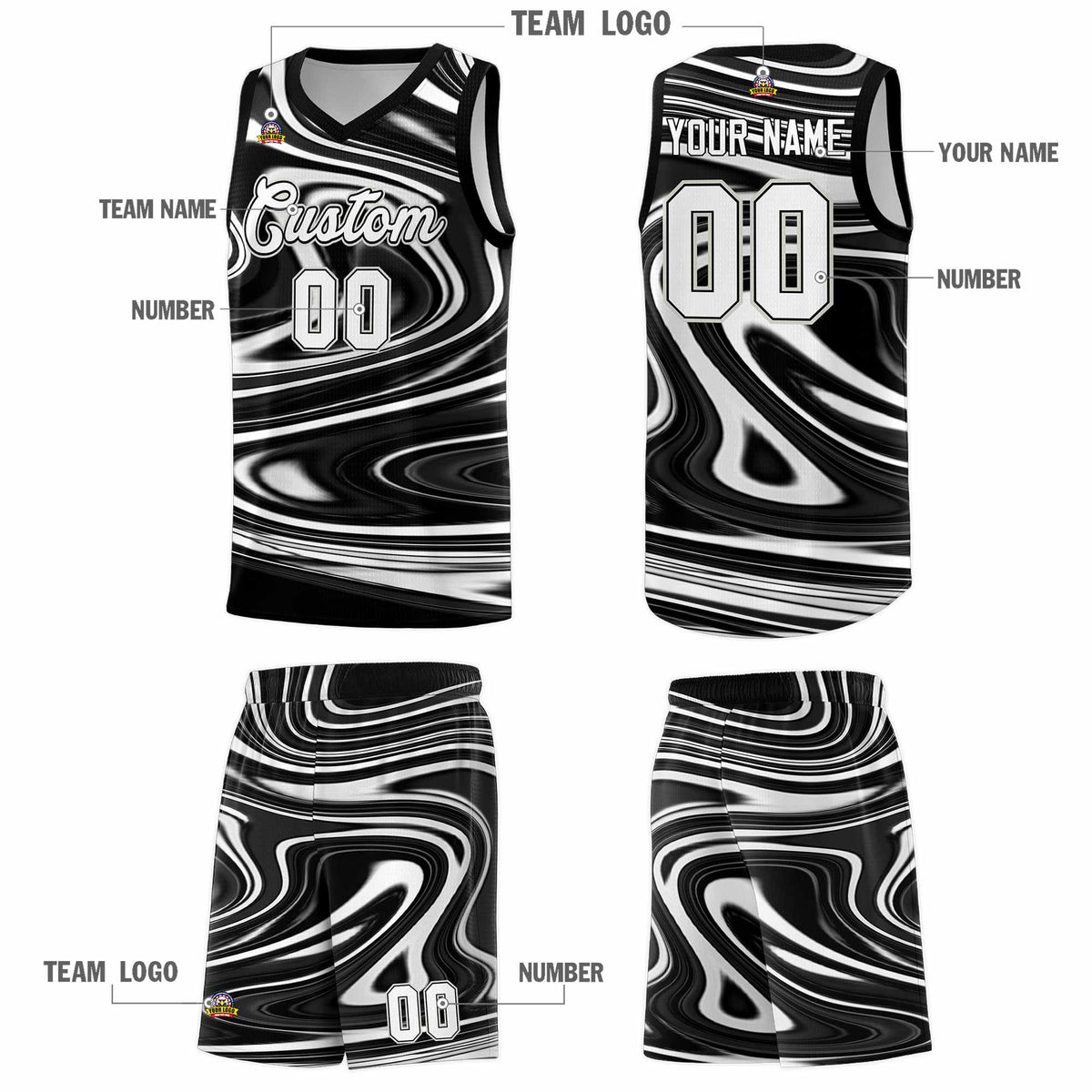 Custom Black White Graffiti Pattern Fluids Style Sports Uniform Basketball Jersey Sets