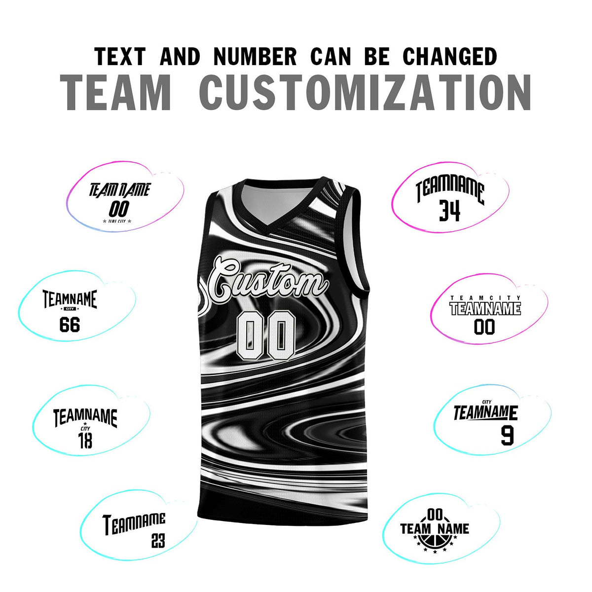 Custom Black White Graffiti Pattern Fluids Style Sports Uniform Basketball Jersey Sets