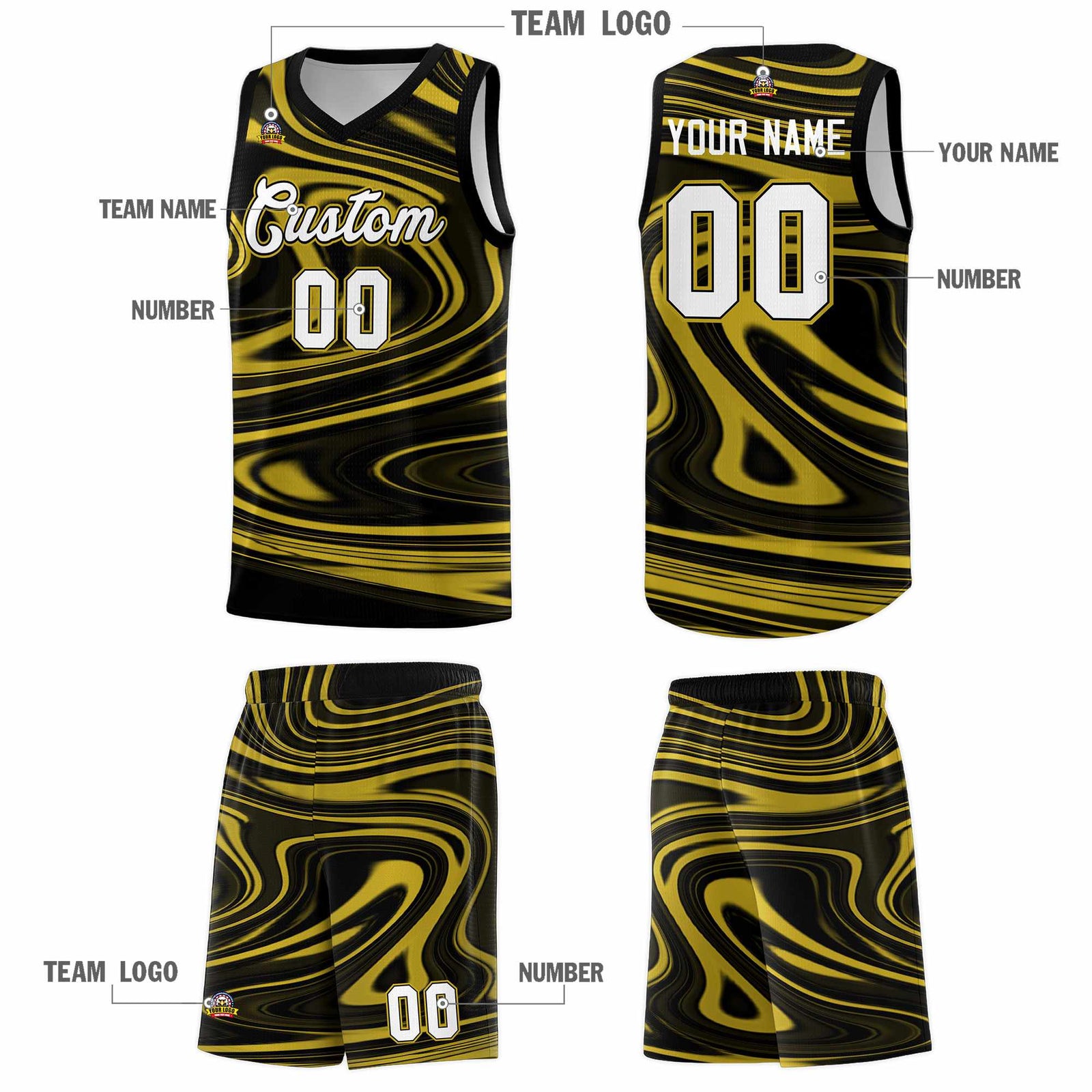 Custom Black Old Gold Graffiti Pattern Fluids Style Sports Uniform Basketball Jersey Sets