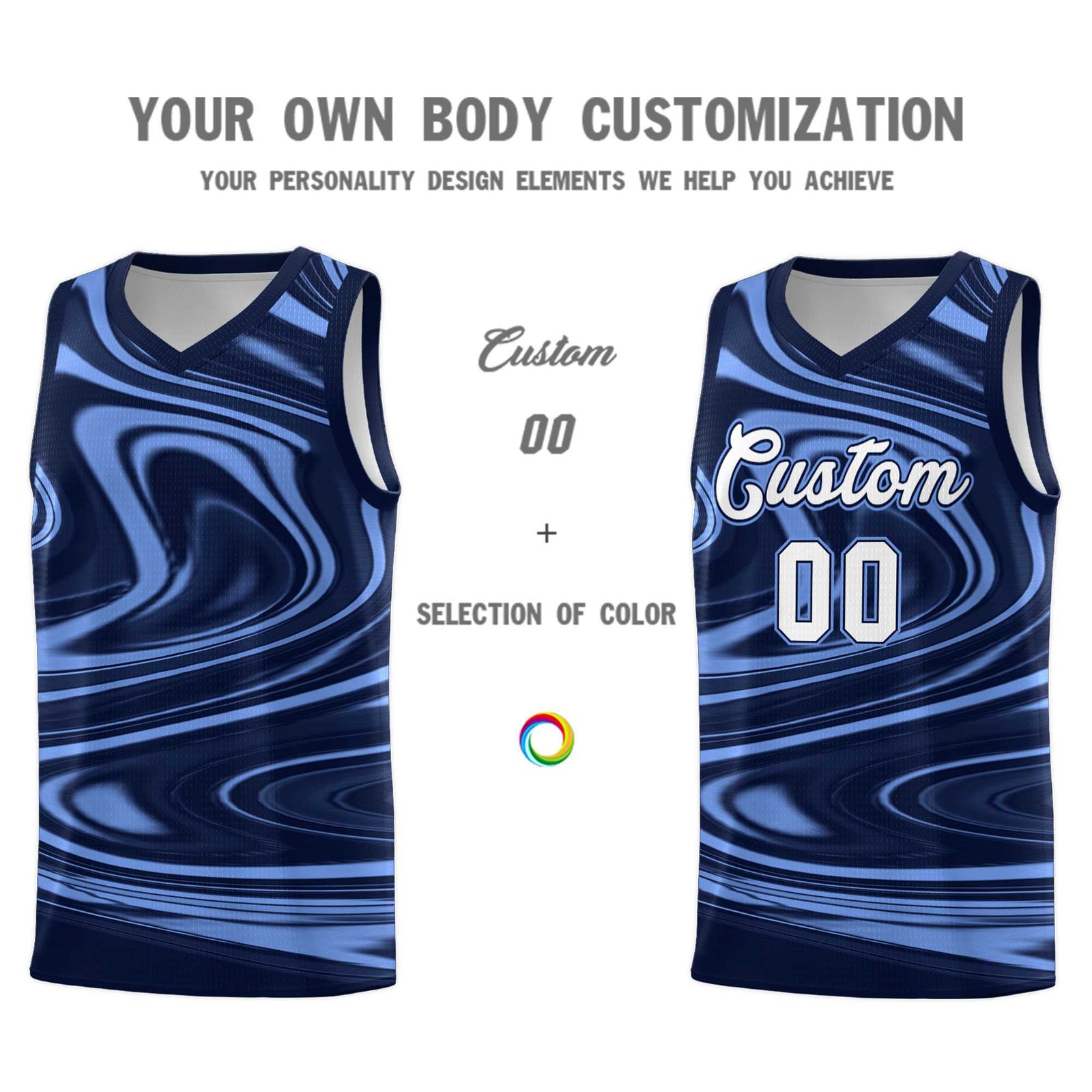 Custom Navy Light Blue Graffiti Pattern Fluids Style Sports Uniform Basketball Jersey Sets