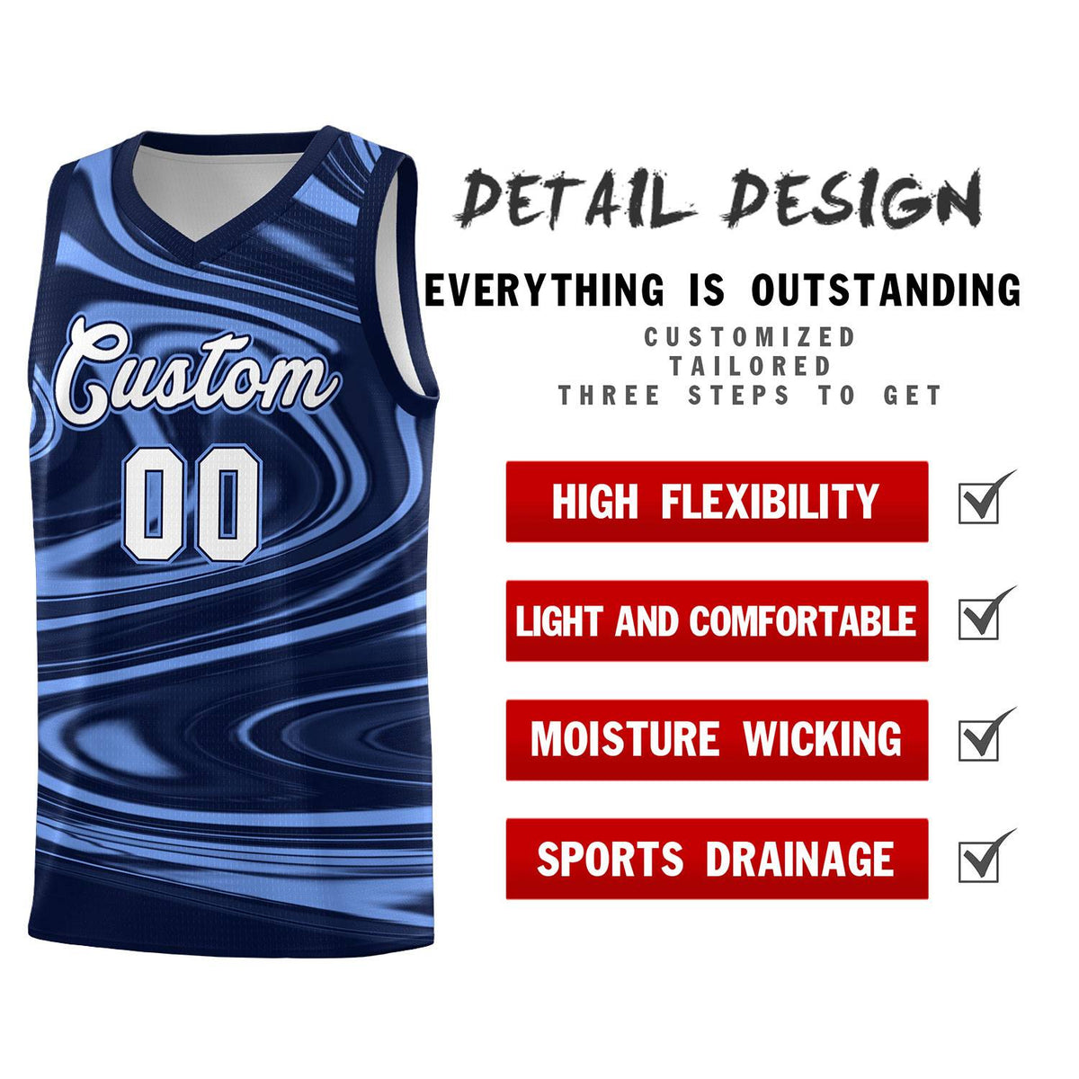 Custom Navy Light Blue Graffiti Pattern Fluids Style Sports Uniform Basketball Jersey Sets