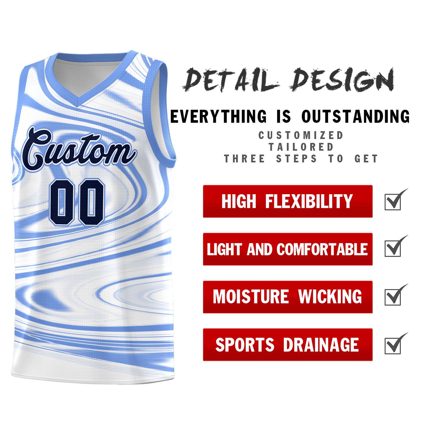 Custom White Light Blue Graffiti Pattern Fluids Style Sports Uniform Basketball Jersey Sets
