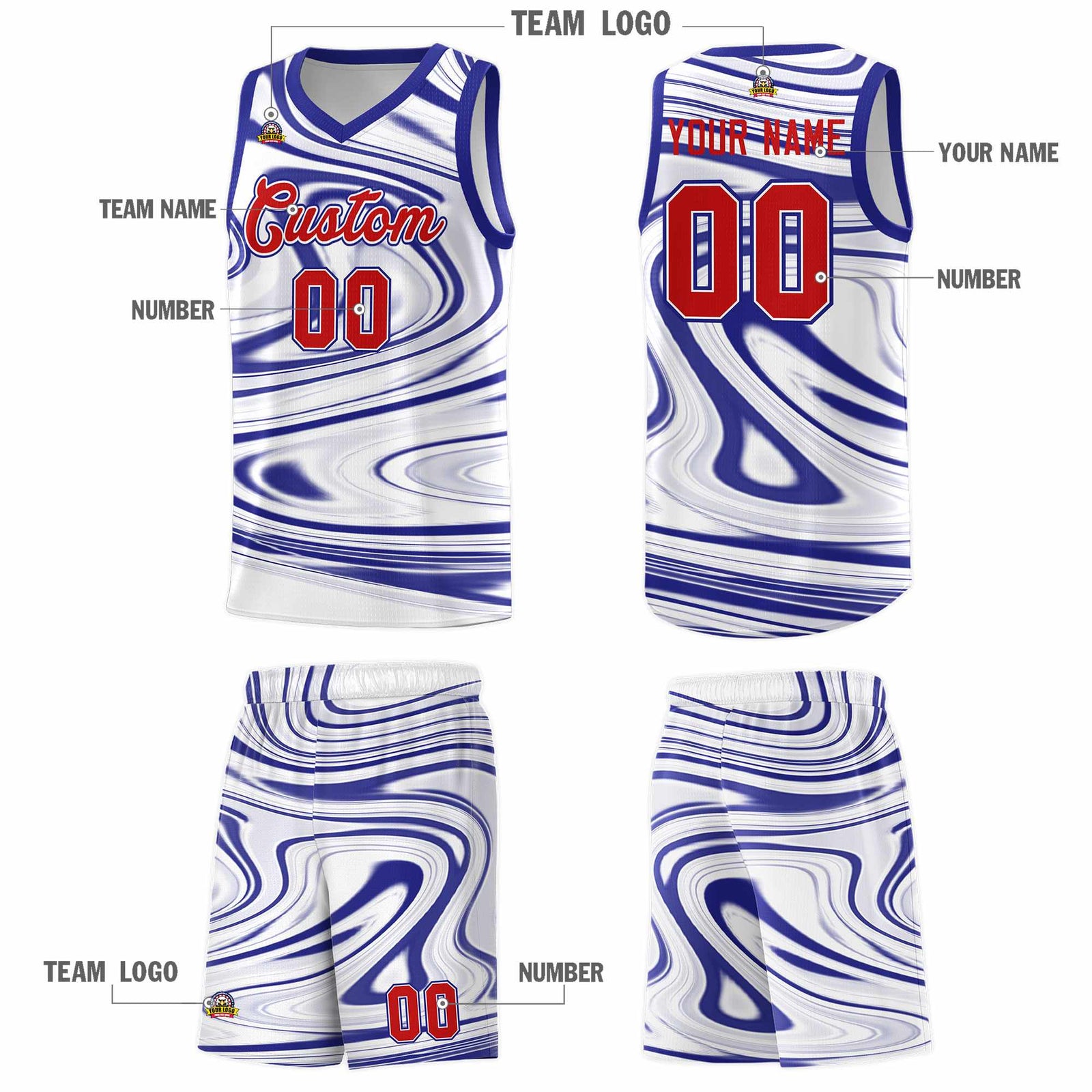 Custom White Royal Graffiti Pattern Fluids Style Sports Uniform Basketball Jersey Sets