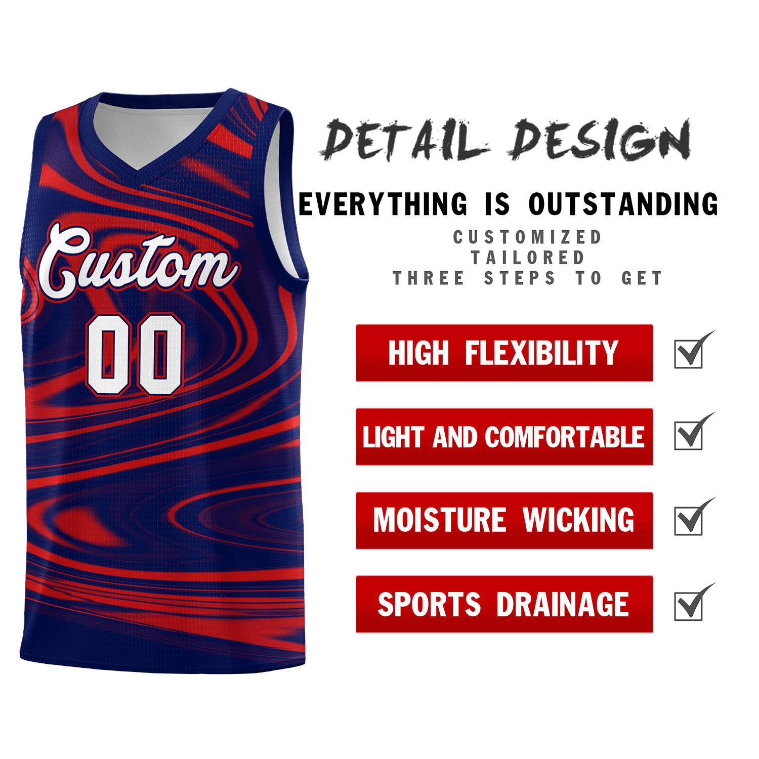 Custom Navy Red Graffiti Pattern Fluids Style Sports Uniform Basketball Jersey Sets