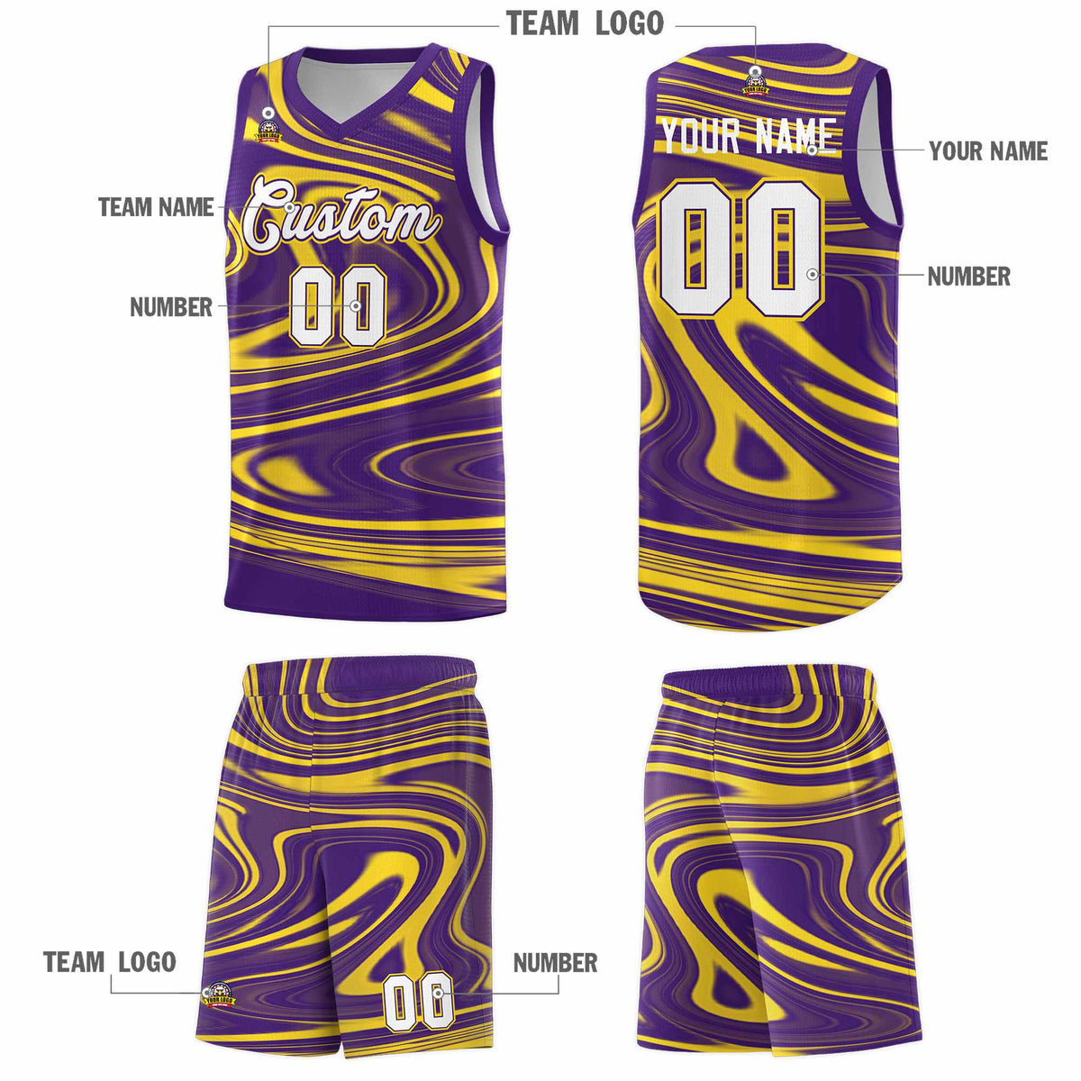 Custom Purple Gold Graffiti Pattern Fluids Style Sports Uniform Basketball Jersey Sets